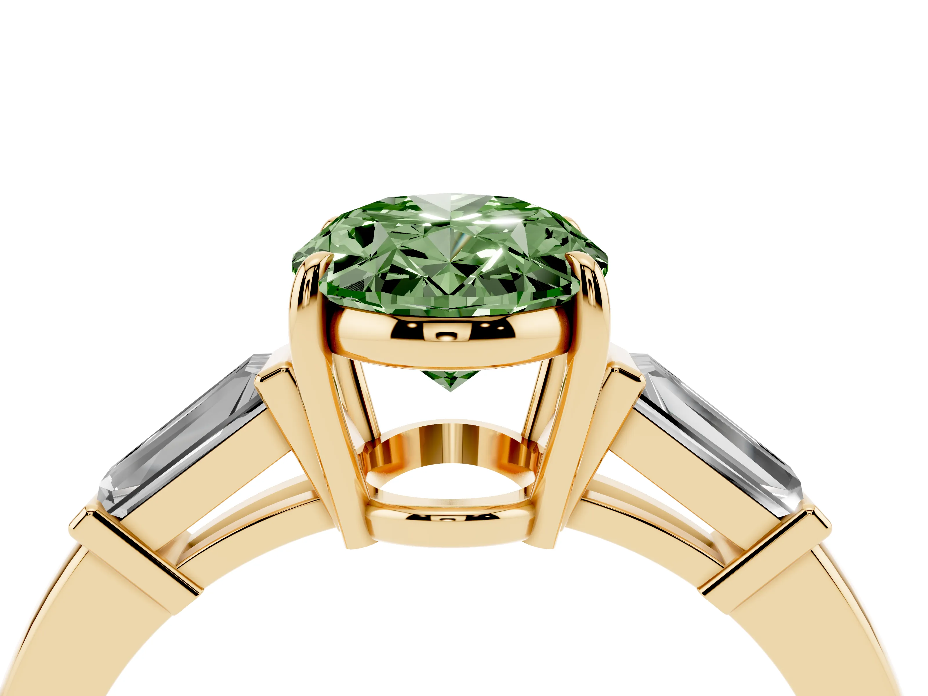 Fancy Green Oval Cut Diamond Three-Stone Ring Set in Yellow gold with Tapered Baguette Side Stones and Prong Setting