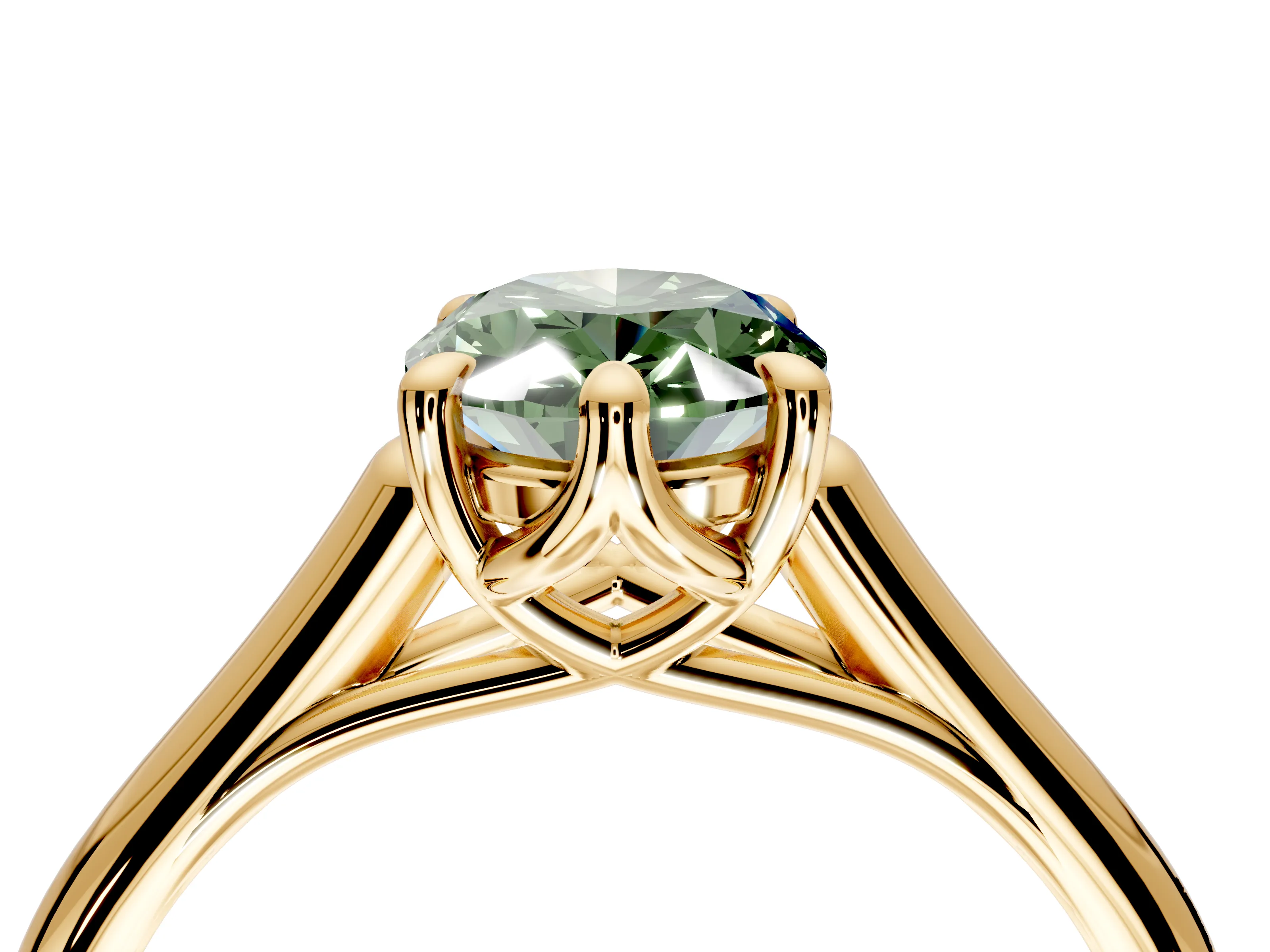 Solitaire Engagement Ring Setting for Fancy Green Oval Center with Cathedral Band and Prong Head in Yellow Gold