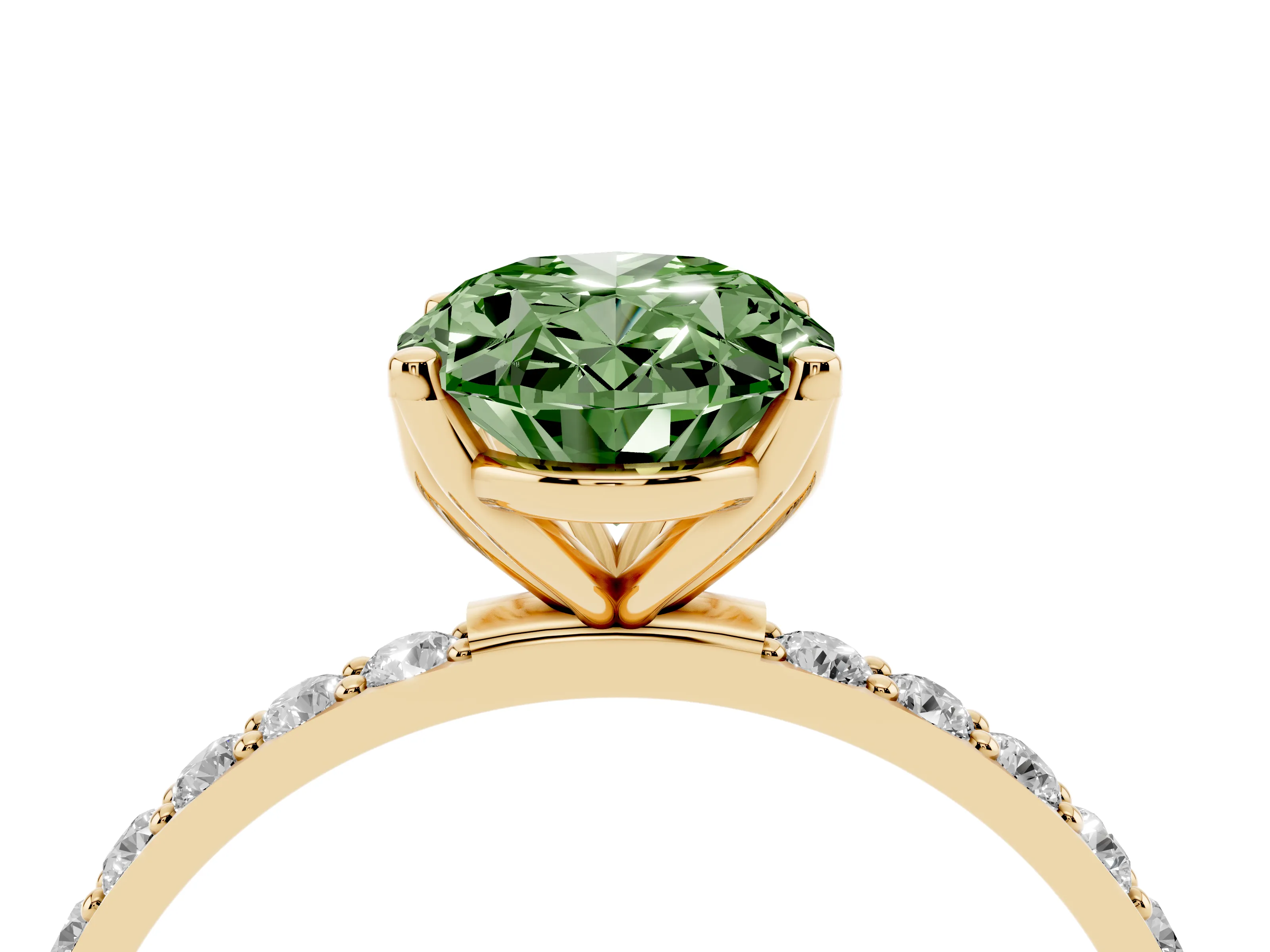 Fancy Green Oval Cut Diamond Solitaire Engagement Ring Set in Yellow gold with Round Pavé Band and Prong Setting