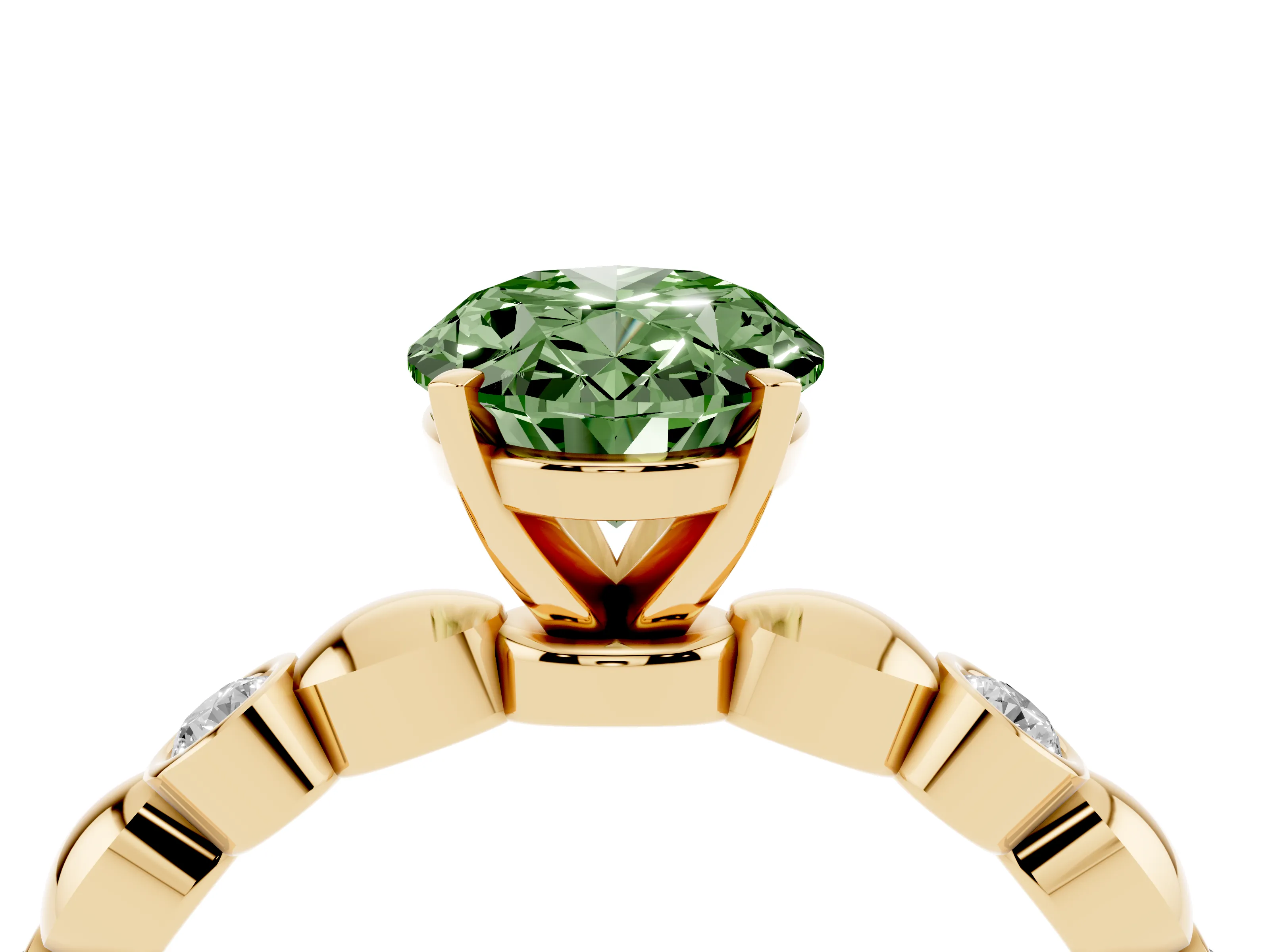 Fancy Green Oval Cut Diamond Solitaire Ring Set in Yellow gold with Bezel-Set Accents on Beaded Band and Prong Setting