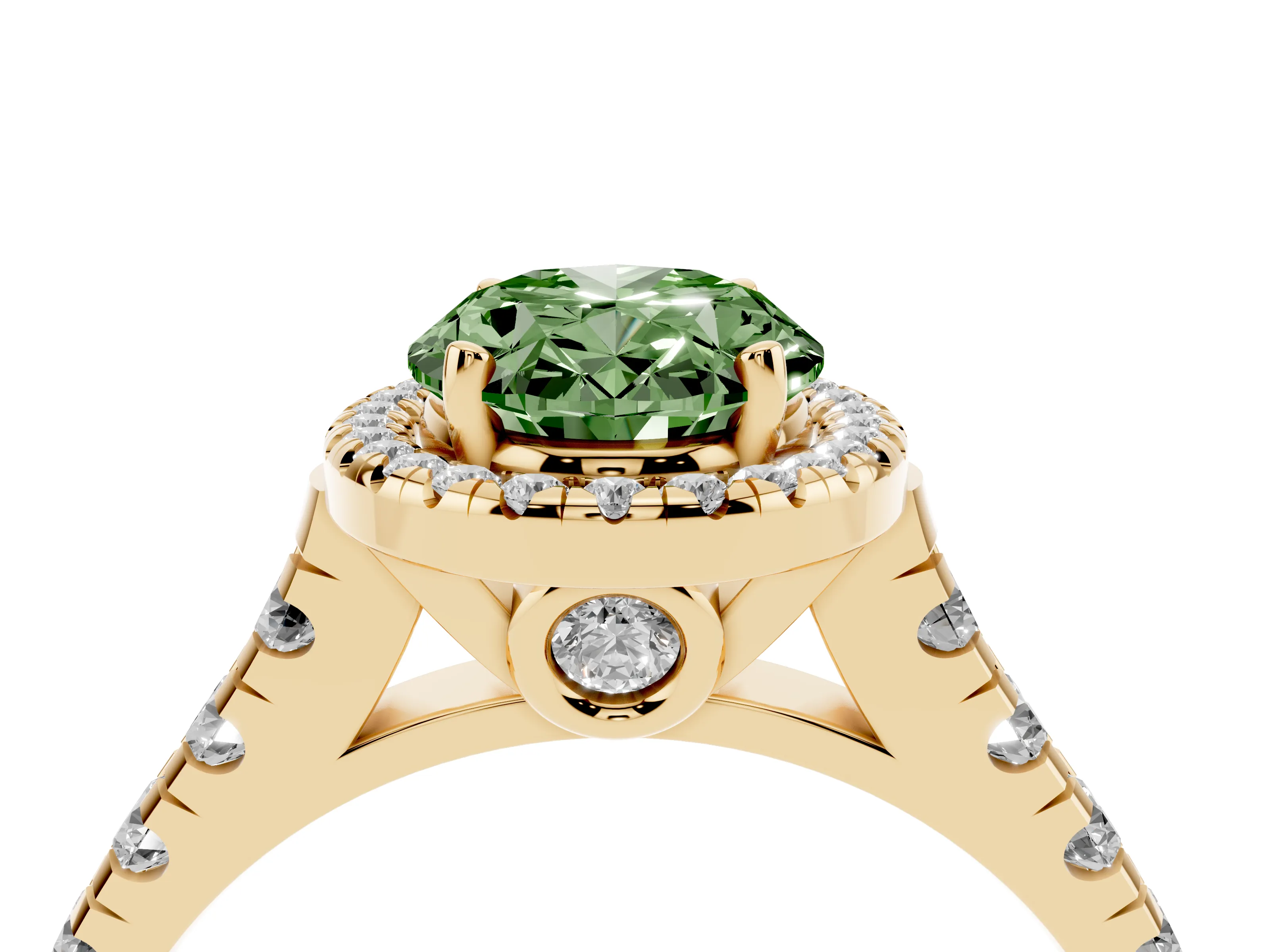 Fancy Green Oval Cut Diamond Halo Engagement Ring Set in Yellow gold with Pavé Band and Prong-Set Center