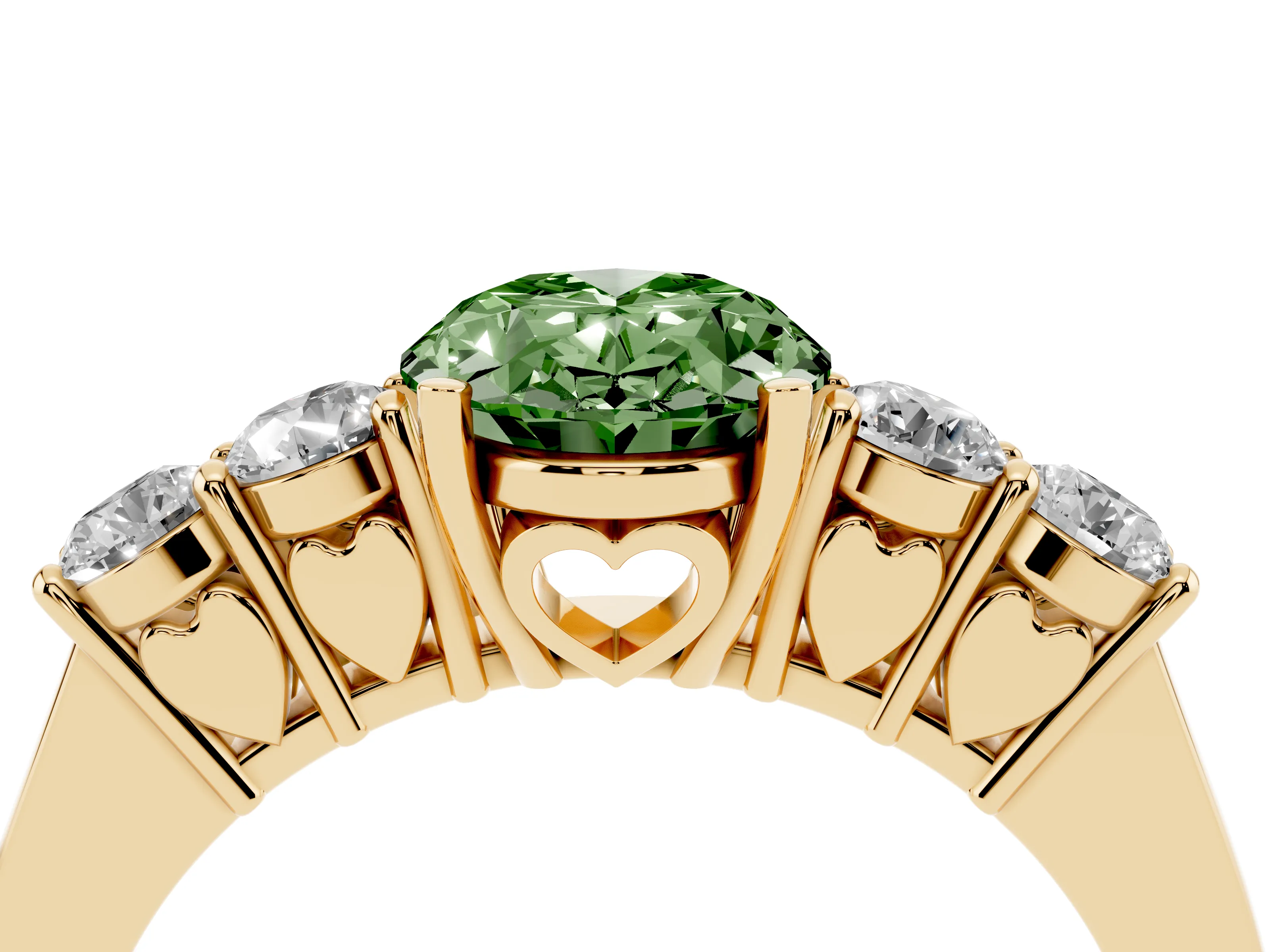 Fancy Green Oval Cut Diamond Five-Stone Prong Set Band Ring Set in Yellow gold with Polished Band