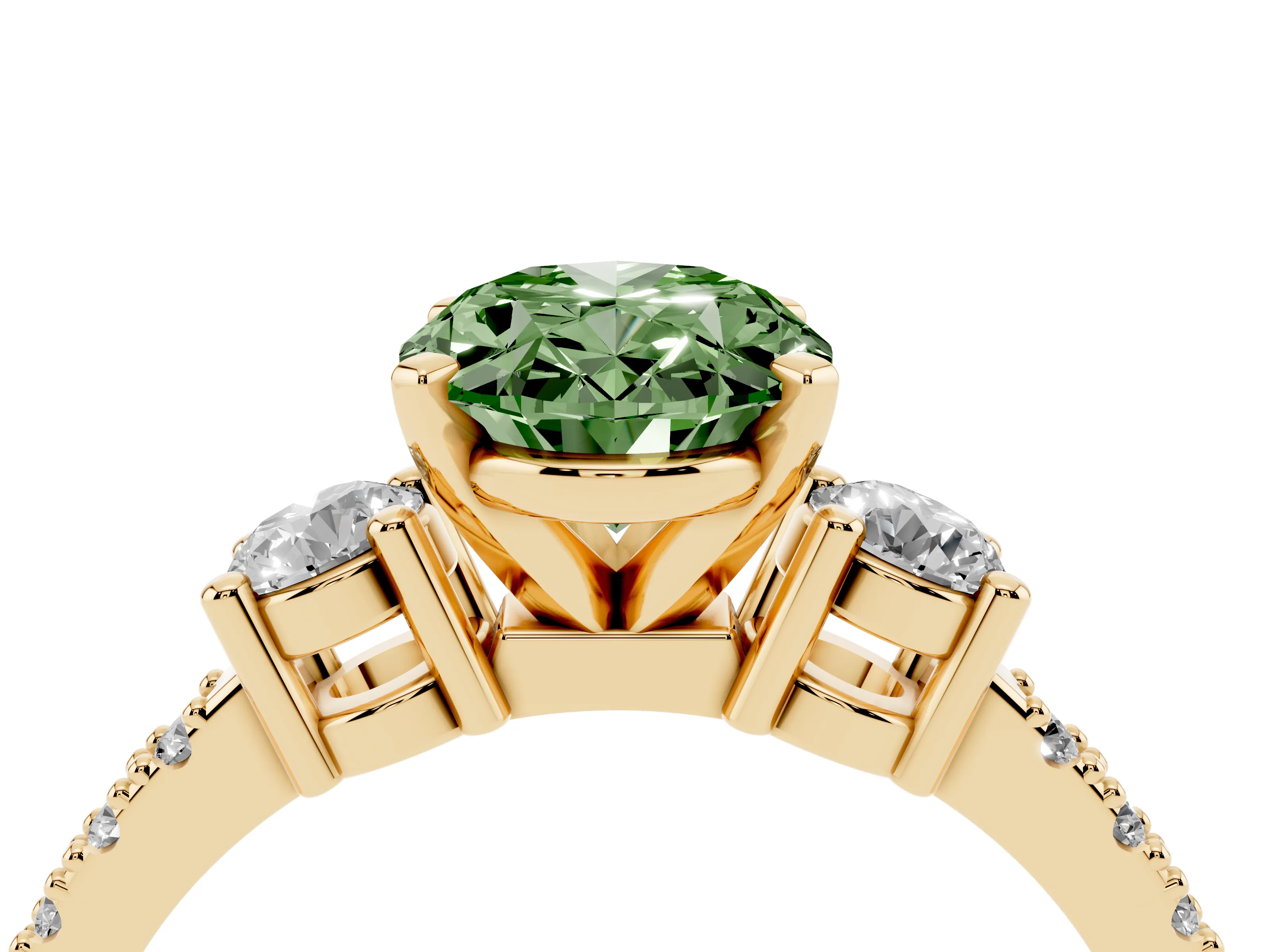 Fancy Green Three-Stone Oval Cut Diamond Pavé Band Ring Set in Yellow gold with Prong Setting