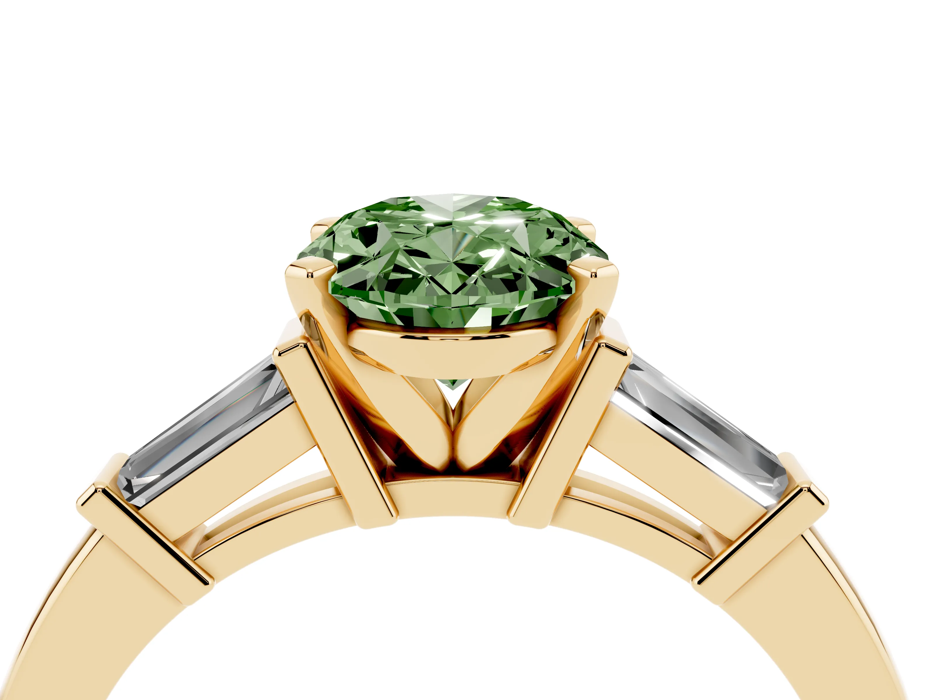 Fancy Green Oval Cut Diamond Solitaire Ring Set in Yellow gold with Tapered Baguette Accents and Prong Setting