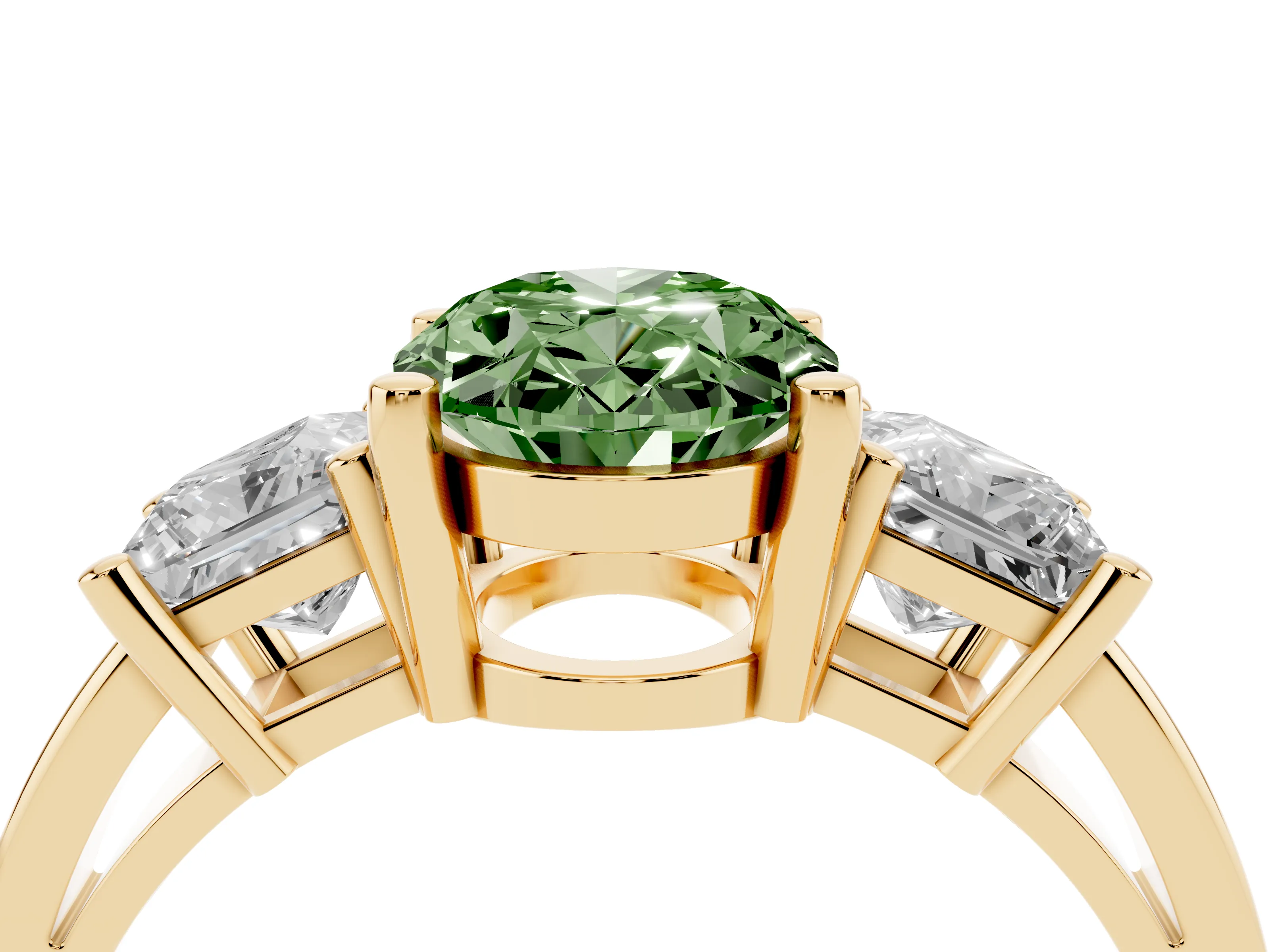 Fancy Green Three-Stone Oval Cut Diamond Solitaire Ring Set in Yellow gold with Prong Setting