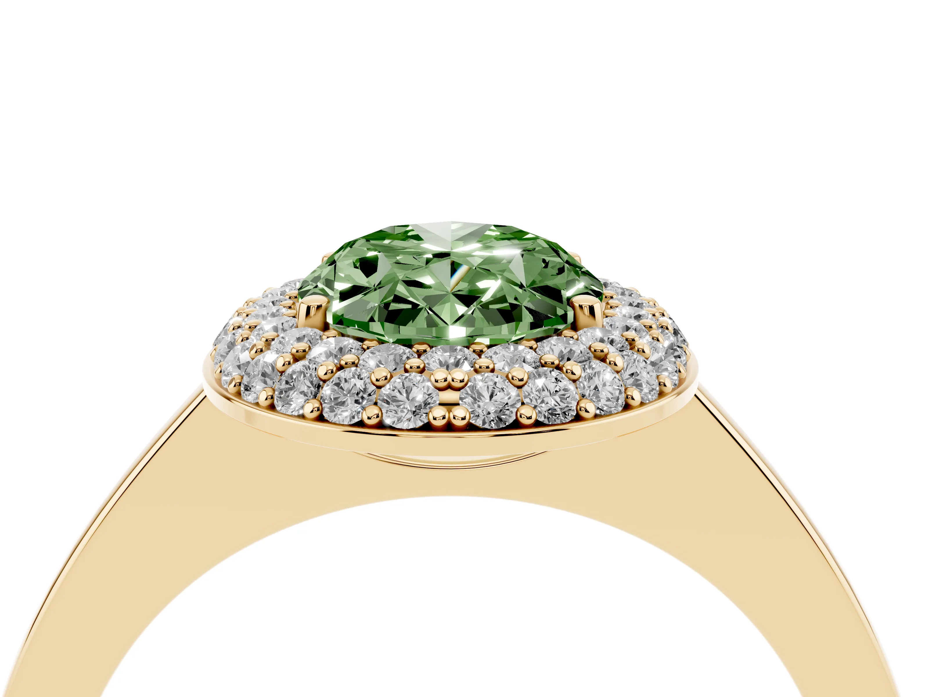 Fancy Green Oval Cut Diamond Halo Engagement Ring Set in Yellow gold with Solitaire Band and Prong Setting