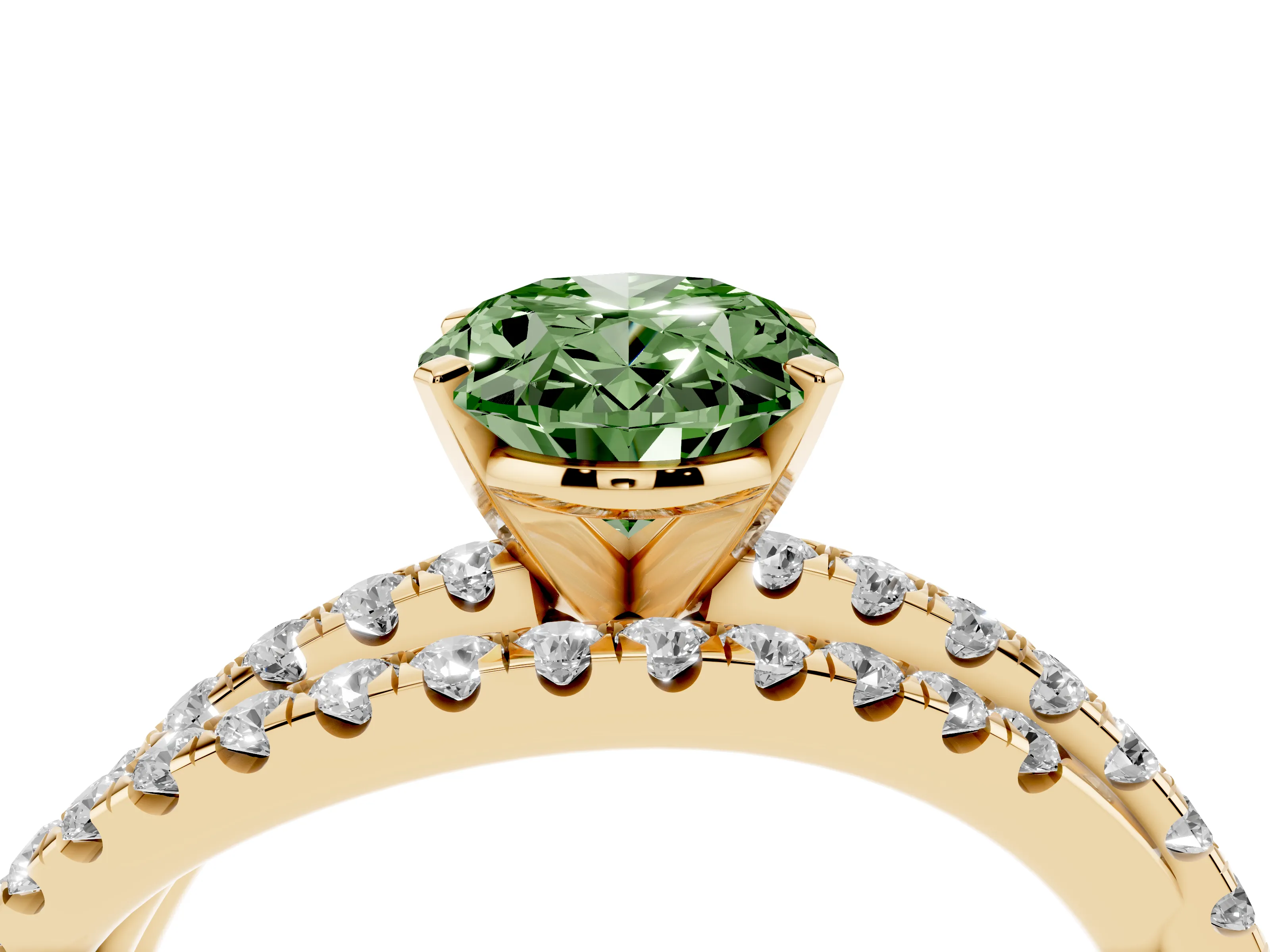 Fancy Green Oval Cut Diamond Solitaire Twist Band Ring Set in Yellow gold with Pavé Setting and Prong Head