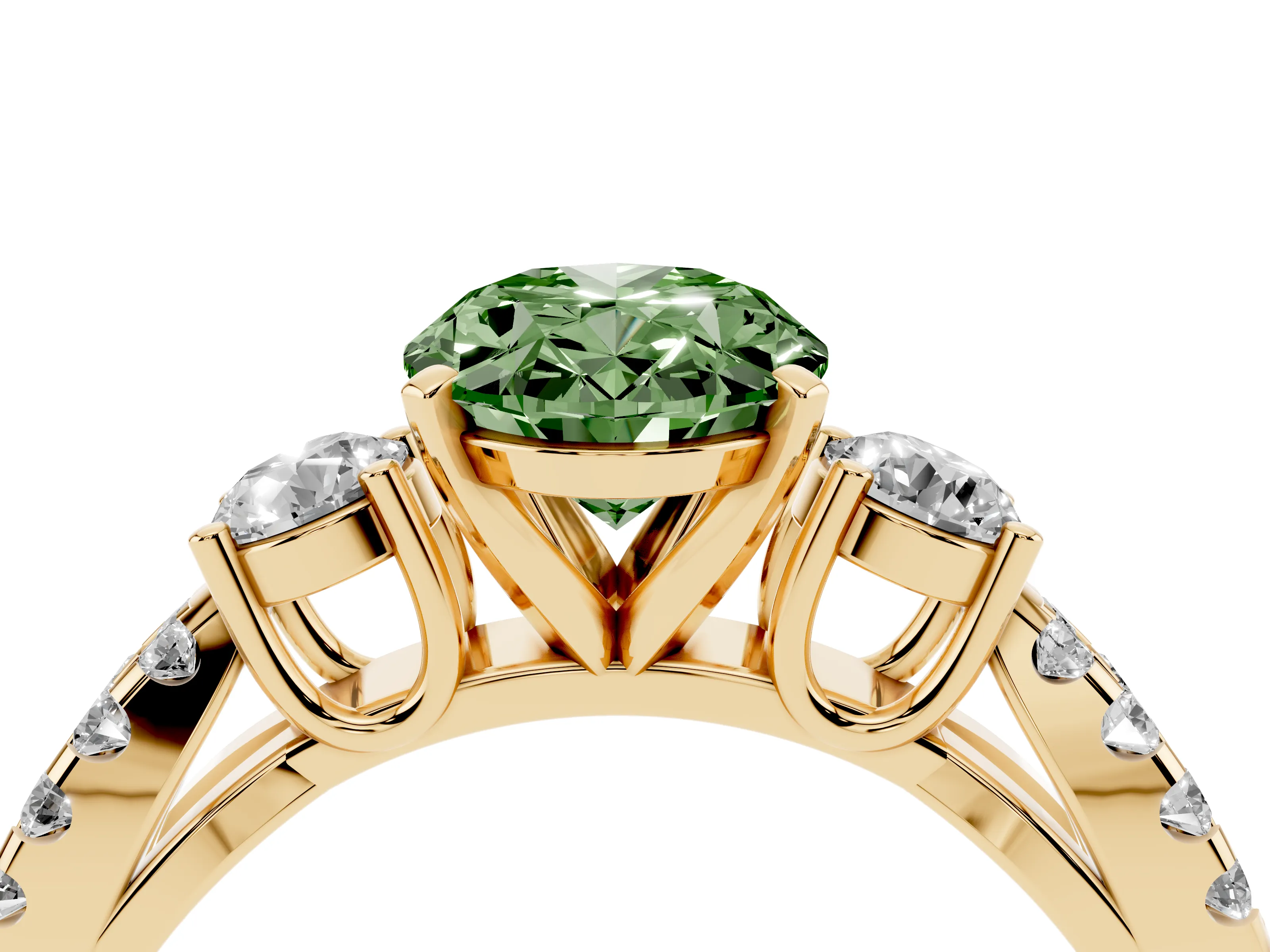 Fancy Green Oval Cut Diamond Three-Stone Ring Set in Yellow gold with Pavé Split Shank and Prong Setting