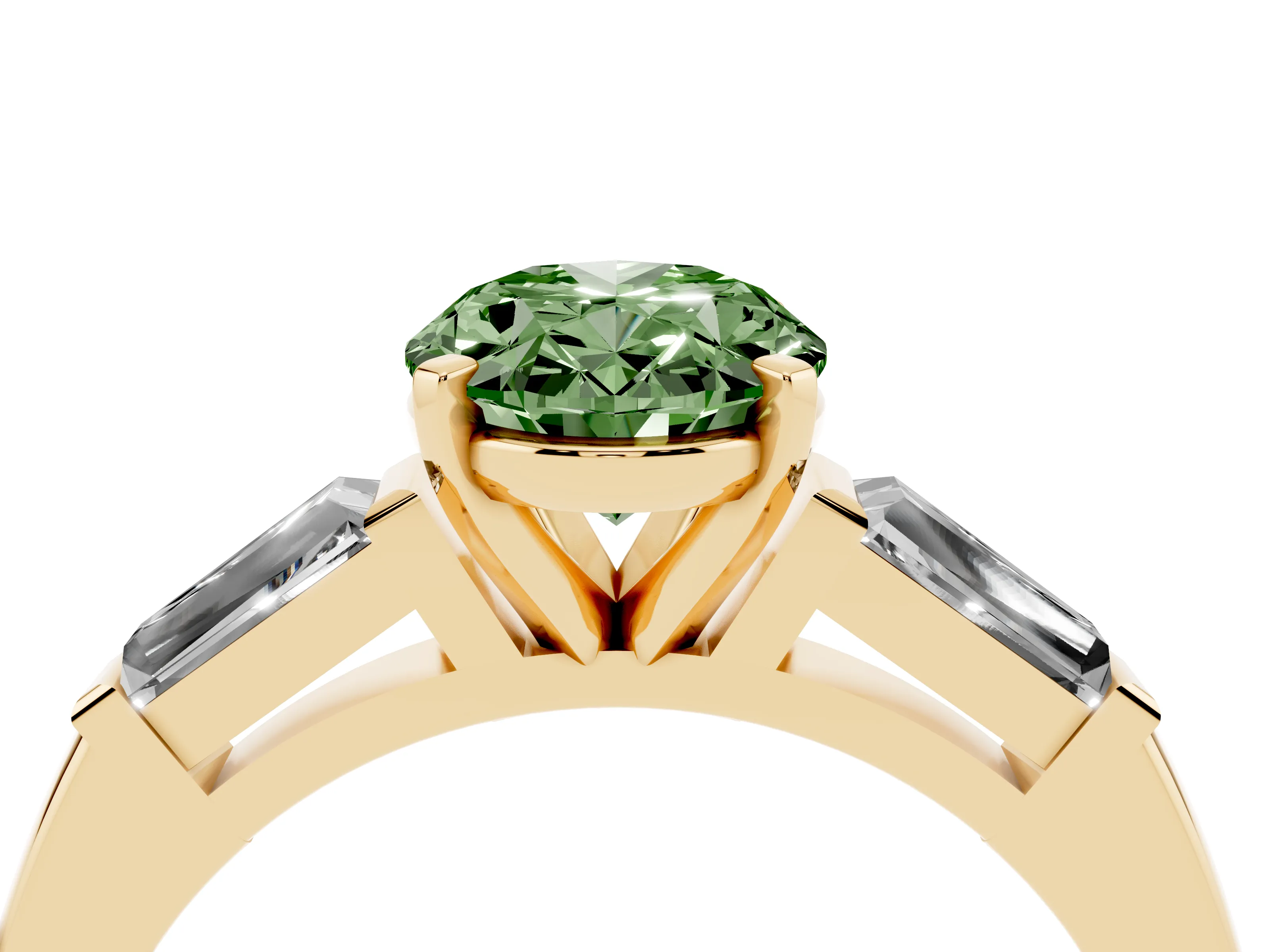 Fancy Green Oval Cut Diamond Solitaire Ring Set in Yellow gold with Tapered Baguette Side Stones and Prong Setting