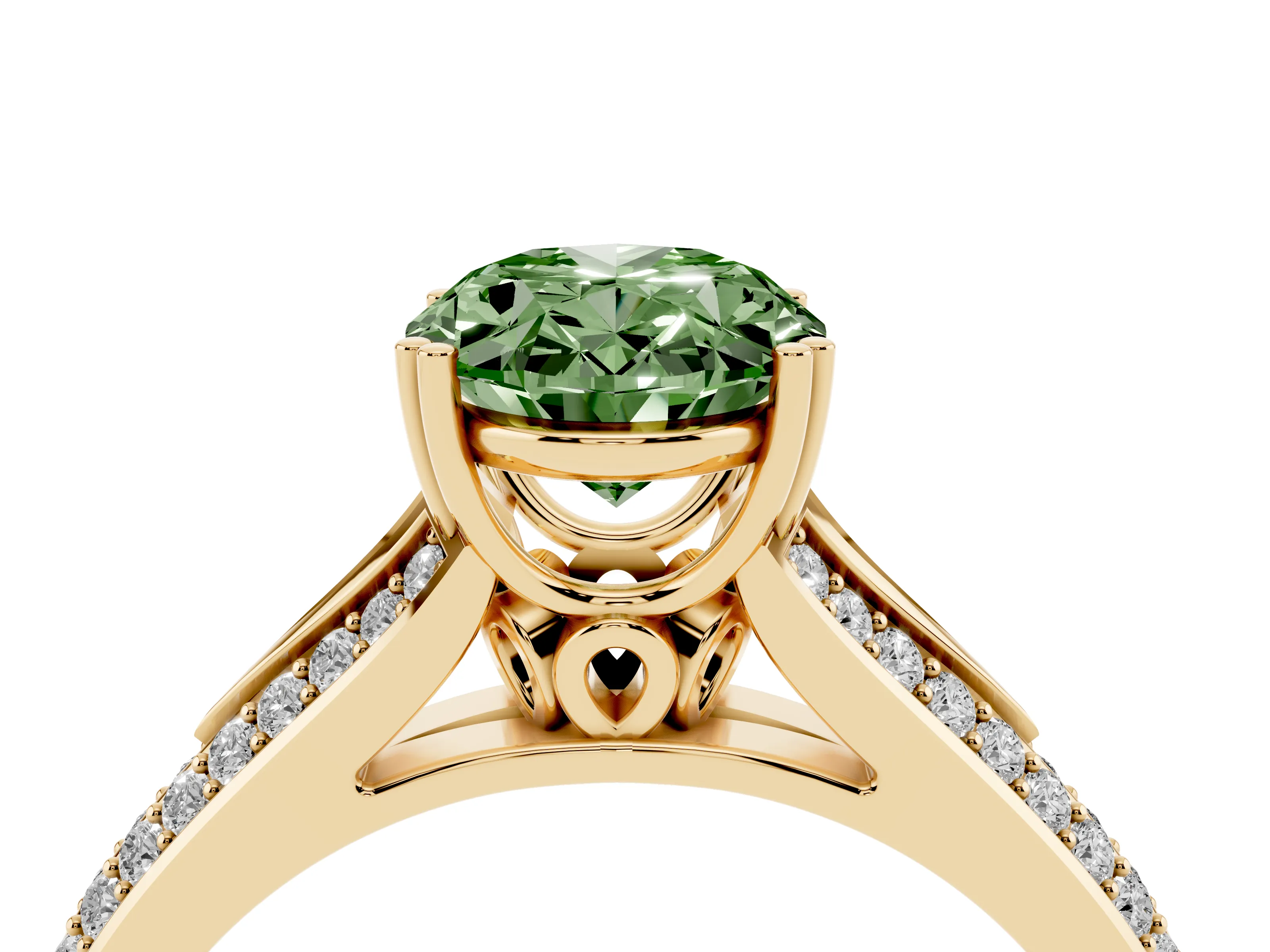 Fancy Green Oval Cut Diamond Split Shank Pavé Engagement Ring Set in Yellow gold with Prong-Set Center Stone