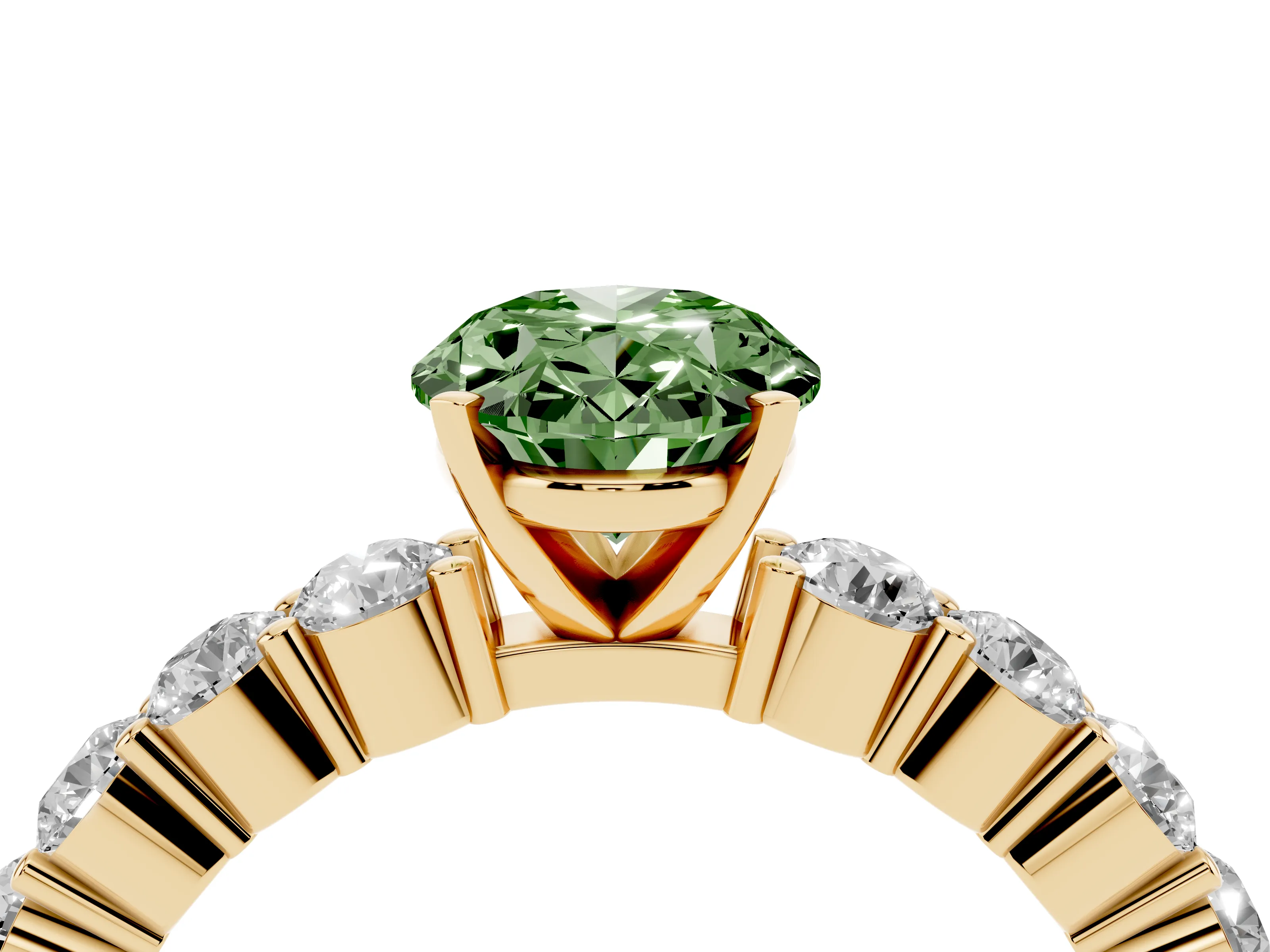 Fancy Green Oval Cut Diamond Solitaire Ring Set in Yellow gold with Shared Prong Round Side Stones