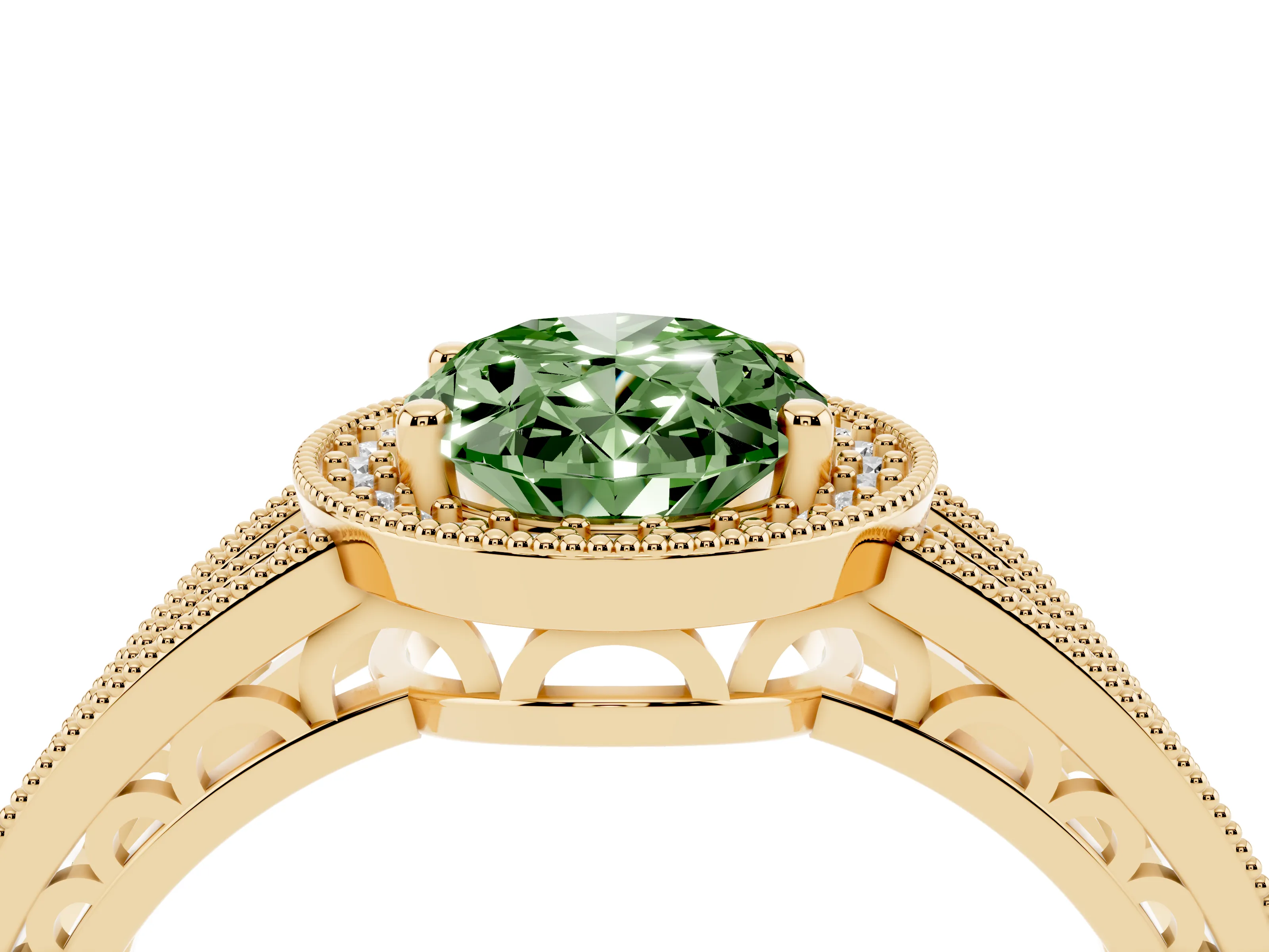 Fancy Green Oval Cut Diamond Halo Ring Set in Yellow gold with Accent Split Shank and Prong Setting