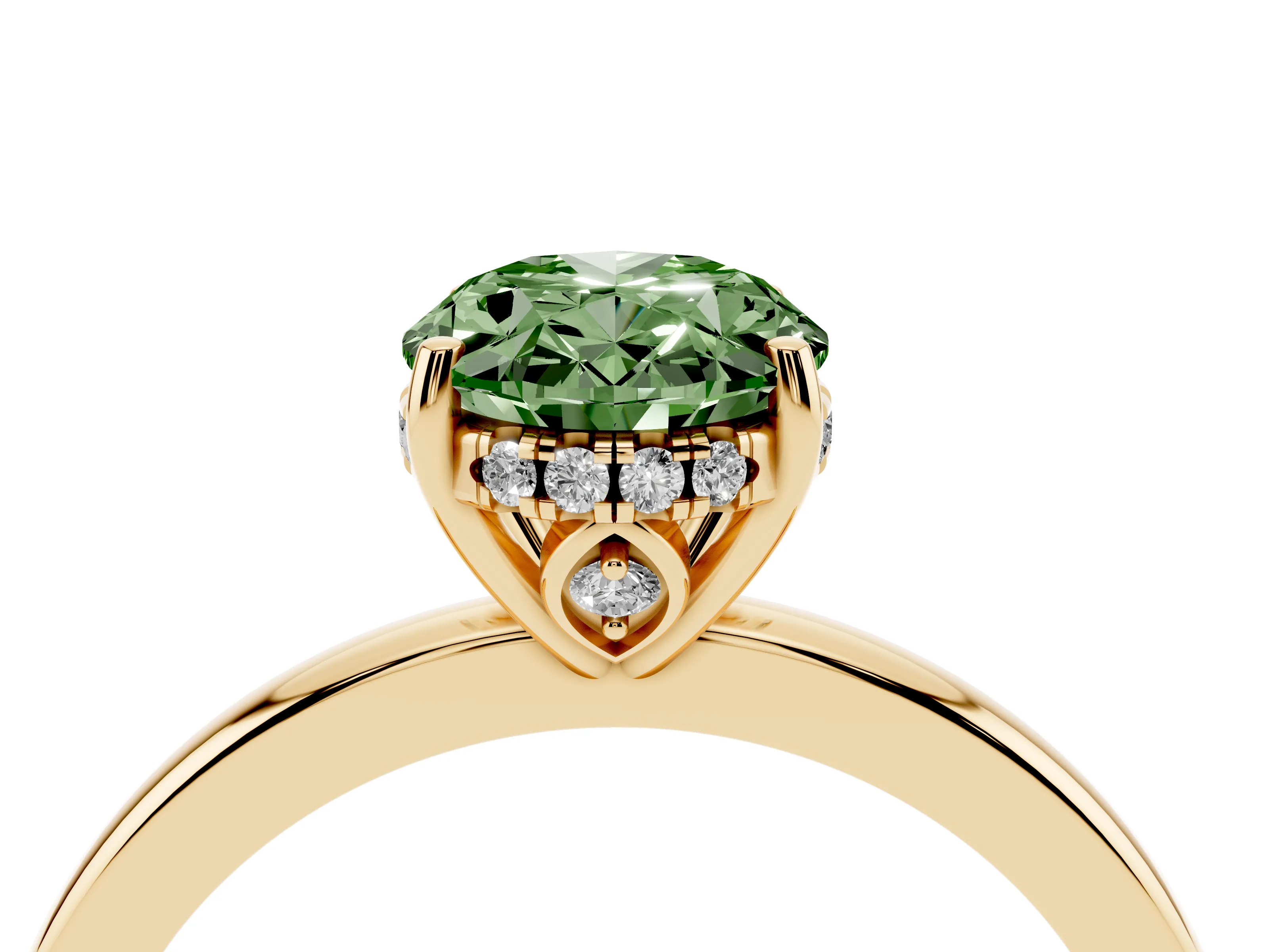 Fancy Green Oval Cut Diamond Solitaire Ring Set in Yellow gold with Plain Band and Prong Setting