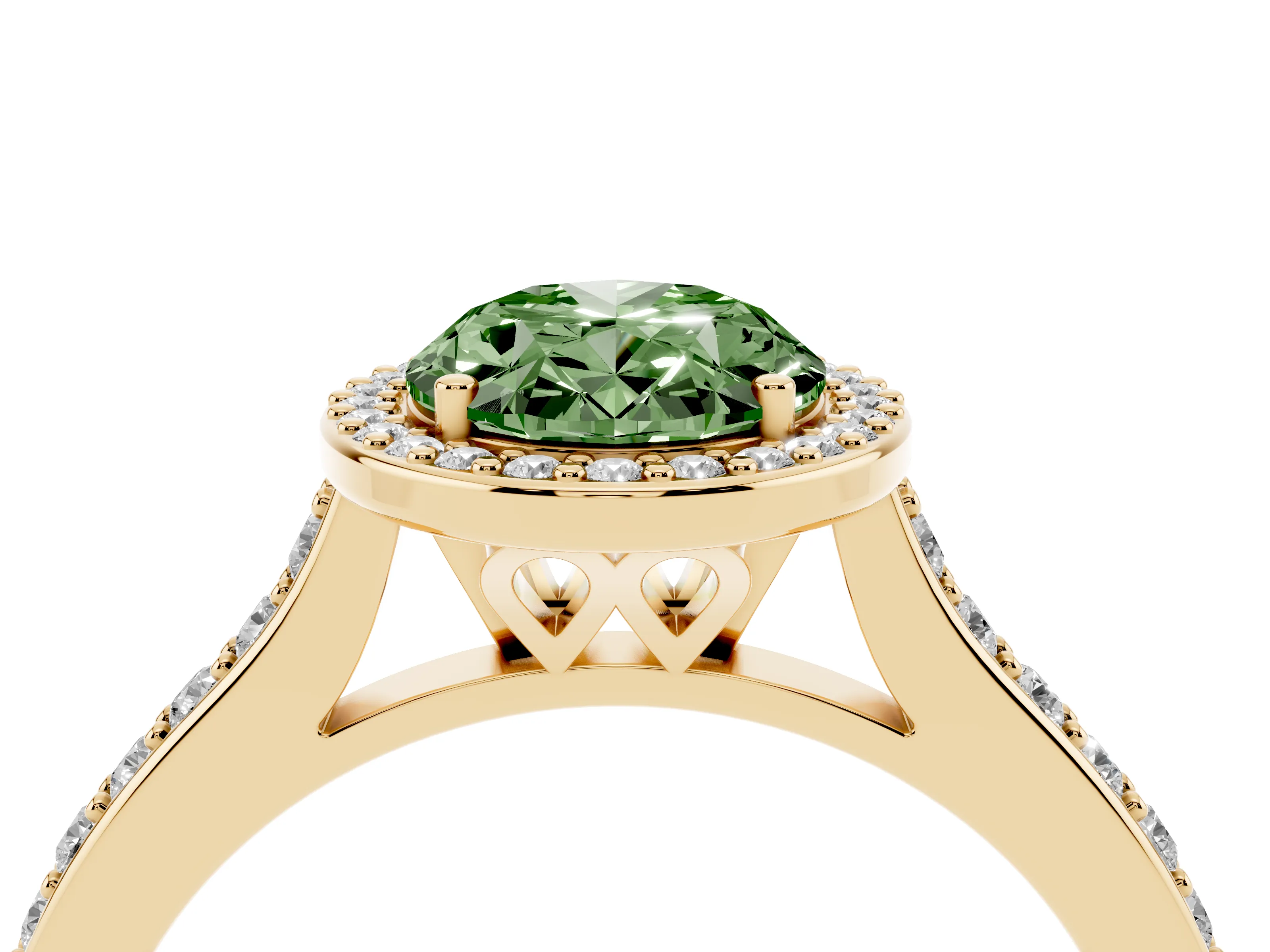 Fancy Green Oval Cut Diamond Halo Engagement Ring Set in Yellow gold with Round Pavé Shoulders and Heart Gallery