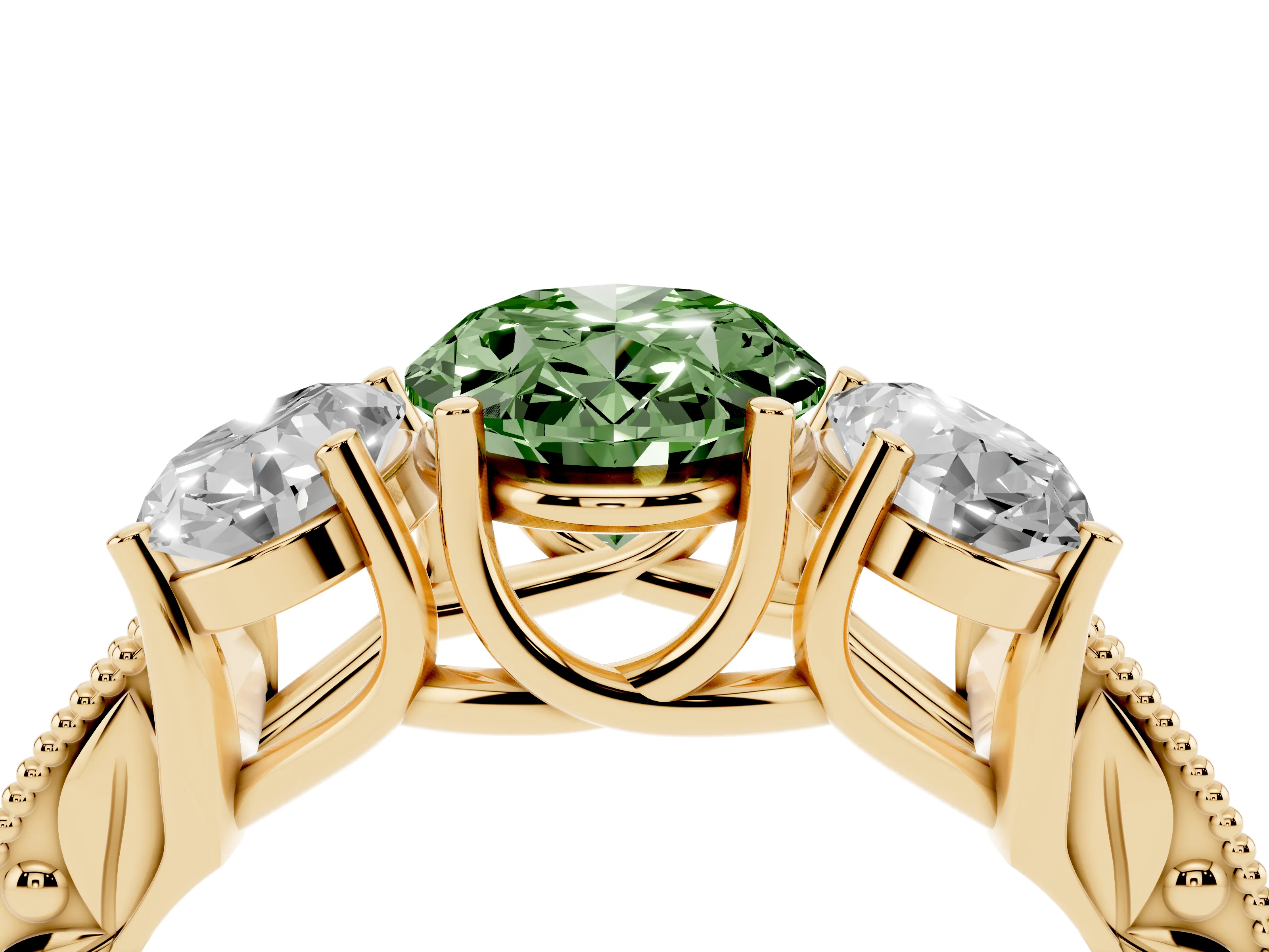 Fancy Green Oval Cut Diamond Three-Stone Engagement Ring Set in Yellow gold with Milgrain Pavé Band