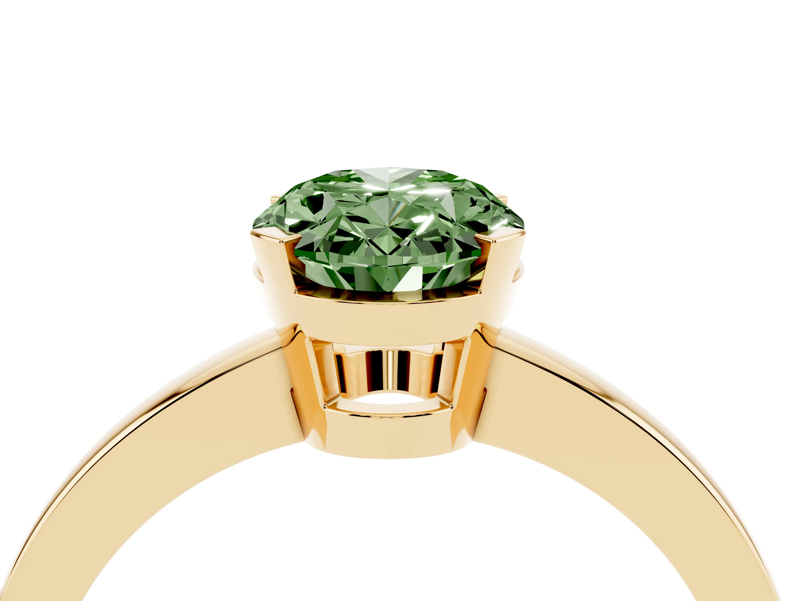 Fancy Green Oval Cut Diamond Solitaire Ring Set in Yellow gold with Prong Head and Smooth Polished Band