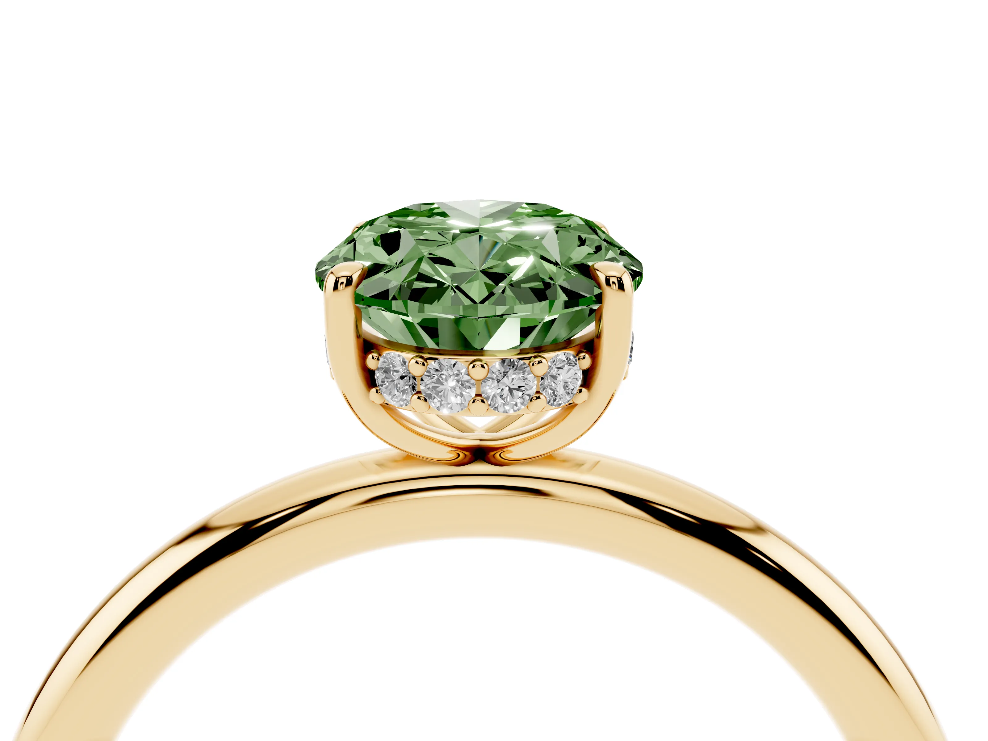 Fancy Green Oval Cut Diamond Solitaire Ring Set in Yellow gold with Thin Band and Prong Setting