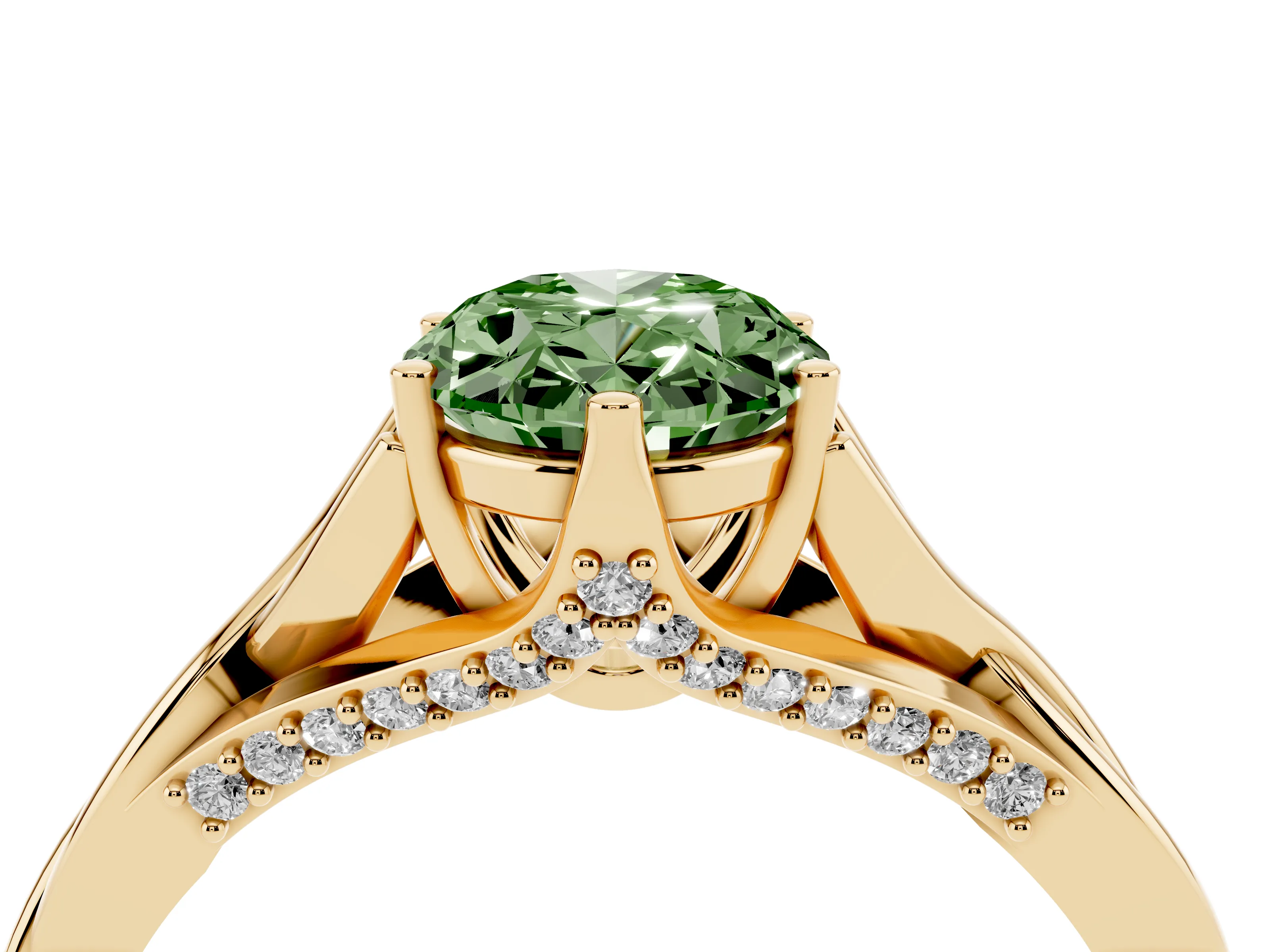 Fancy Green Oval Cut Diamond Intertwined Twist Band Solitaire Ring Set in Yellow gold with Prong Setting
