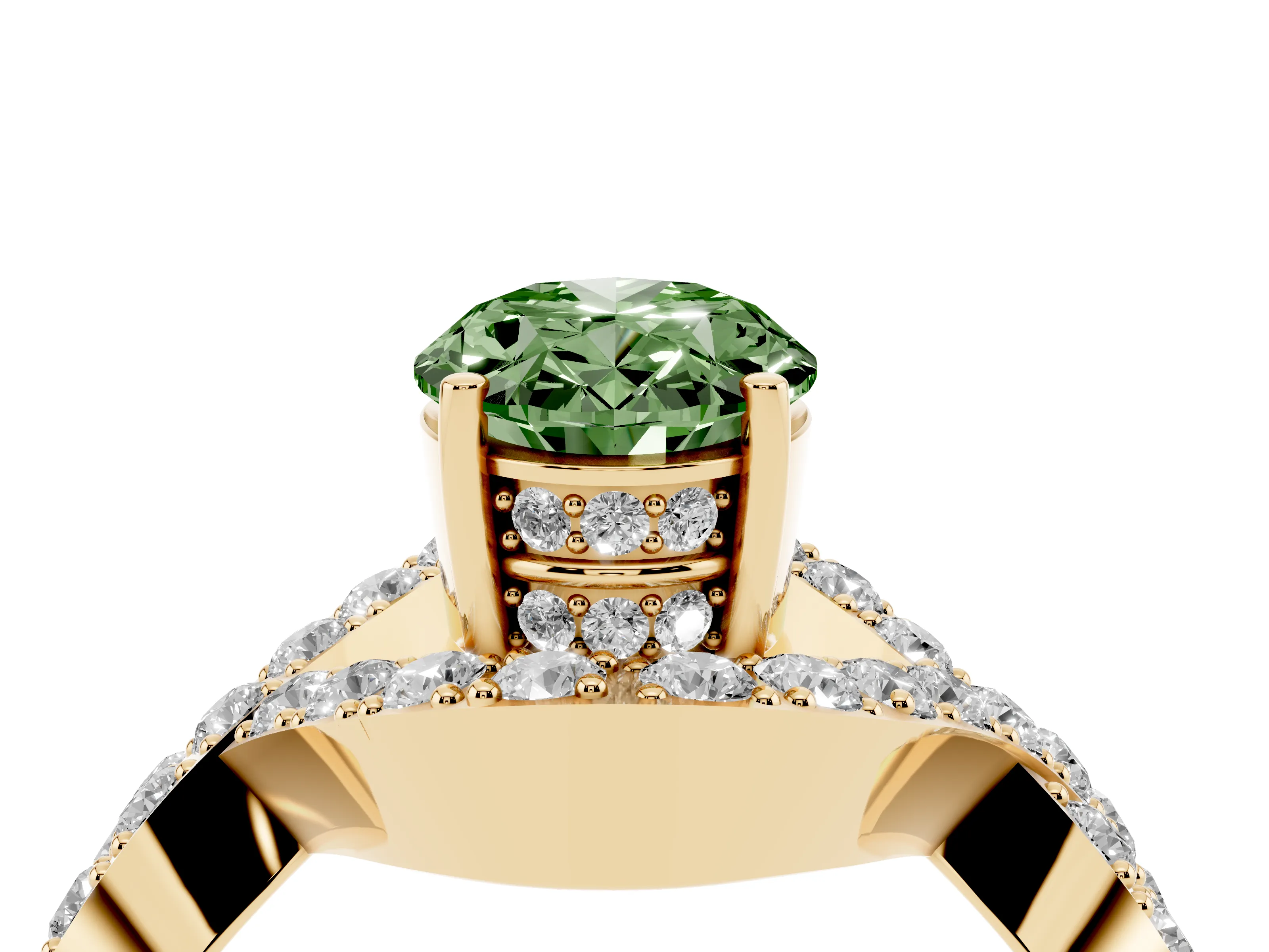 Fancy Green Oval Cut Diamond Solitaire Twist Band Pavé Engagement Ring Set in Yellow gold