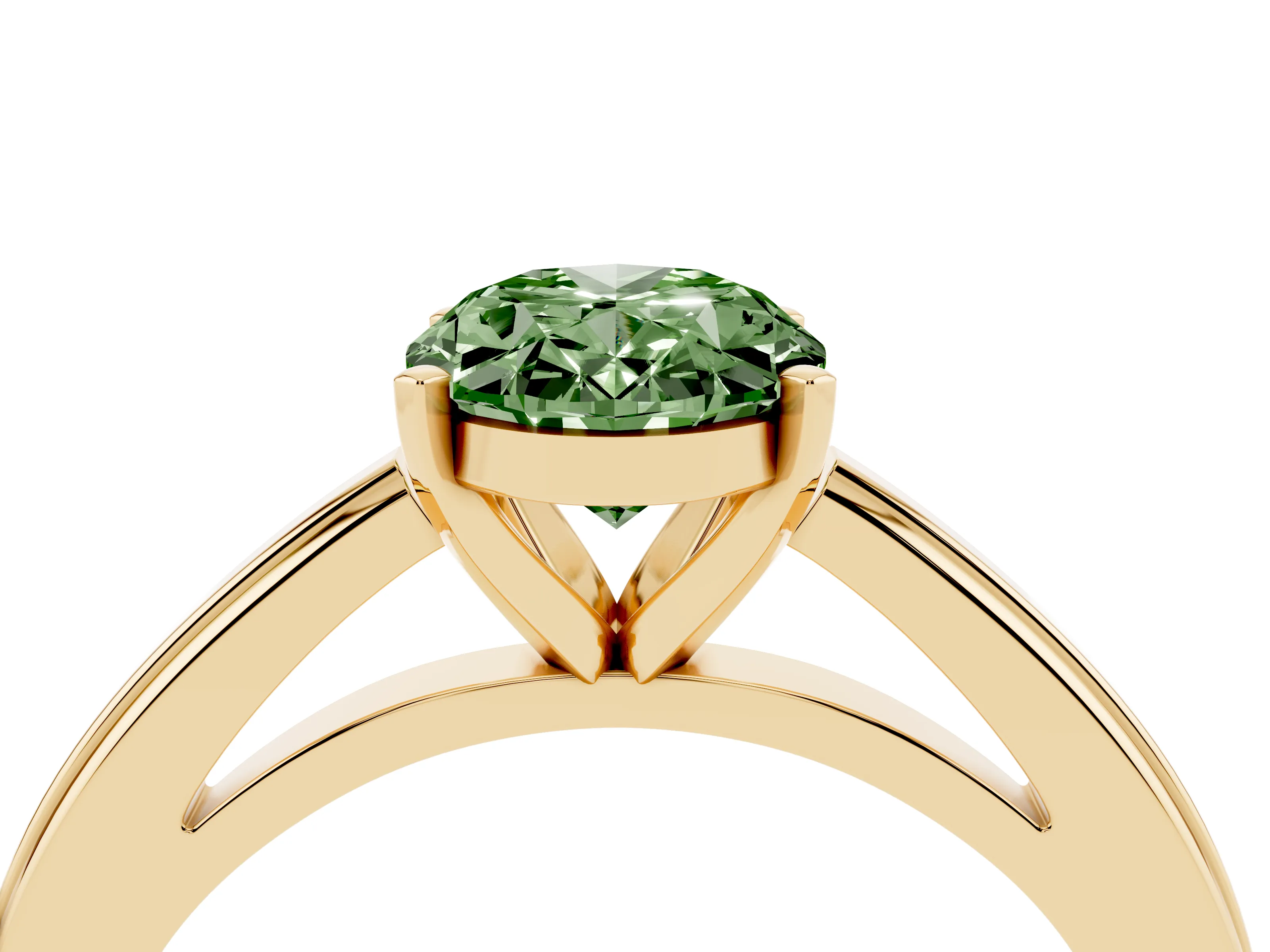 Fancy Green Oval Cut Diamond Solitaire Ring Set in Yellow gold with Prong Setting and Classic Band