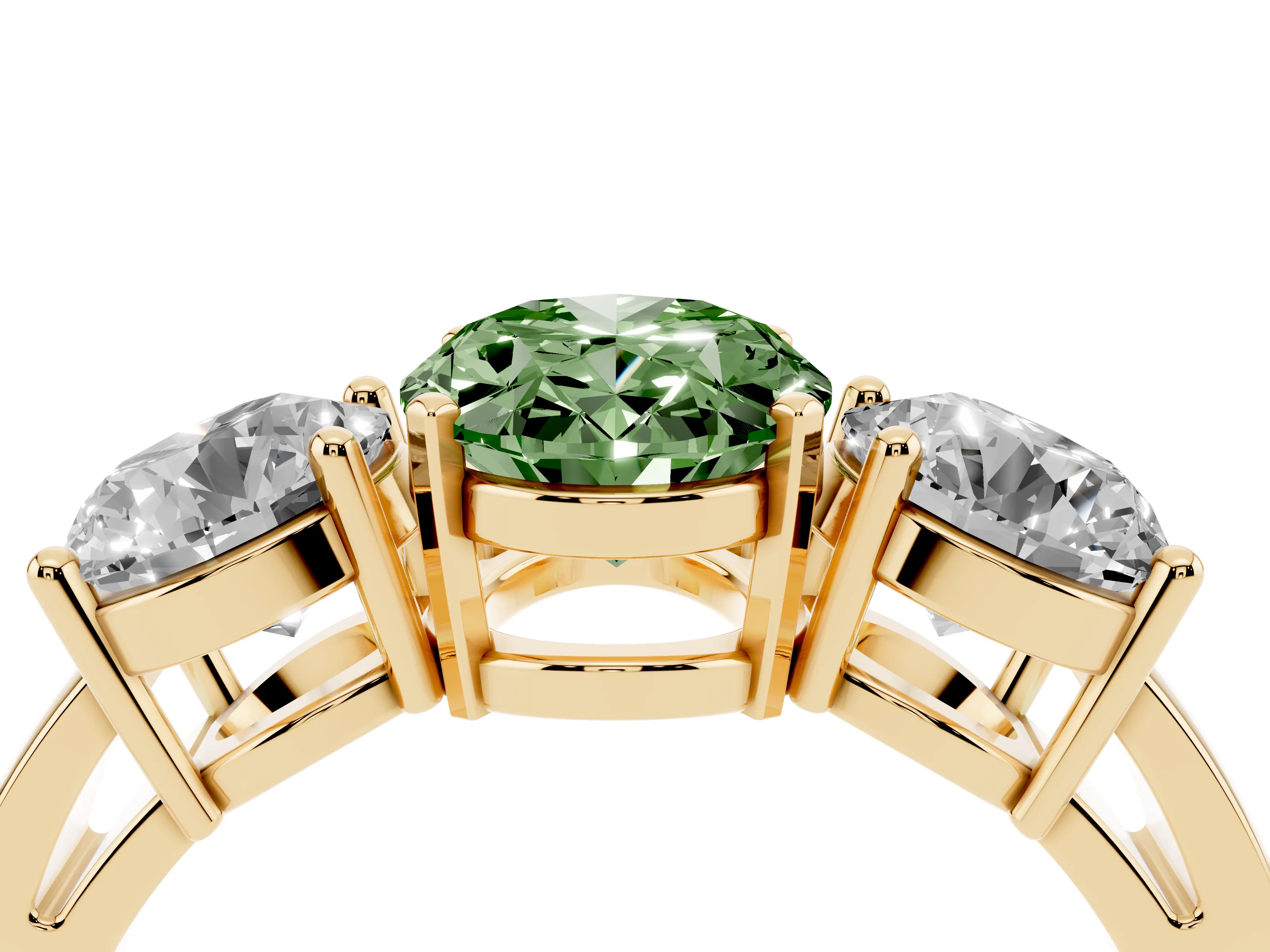 Fancy Green Oval Cut Diamond Three-Stone Ring Set in Yellow gold with Round Side Stones and Classic Band