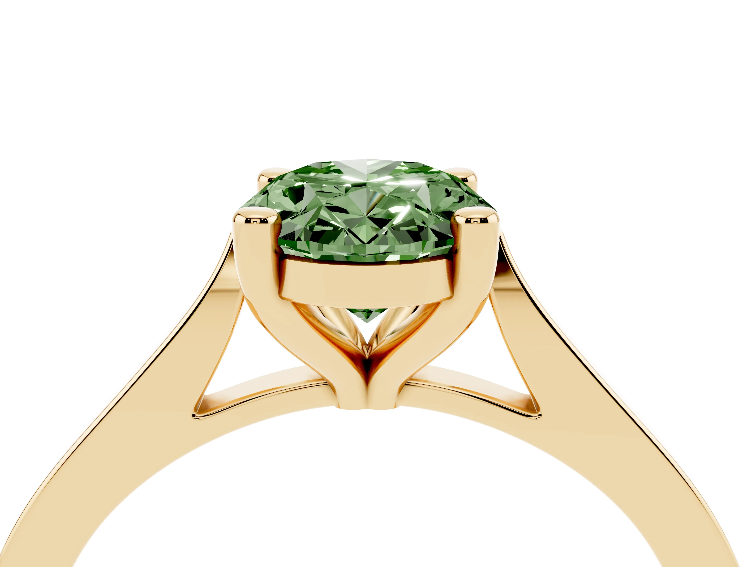 Fancy Green Oval Cut Diamond Solitaire Ring Set in Yellow gold with Prong Setting and Tapered Band