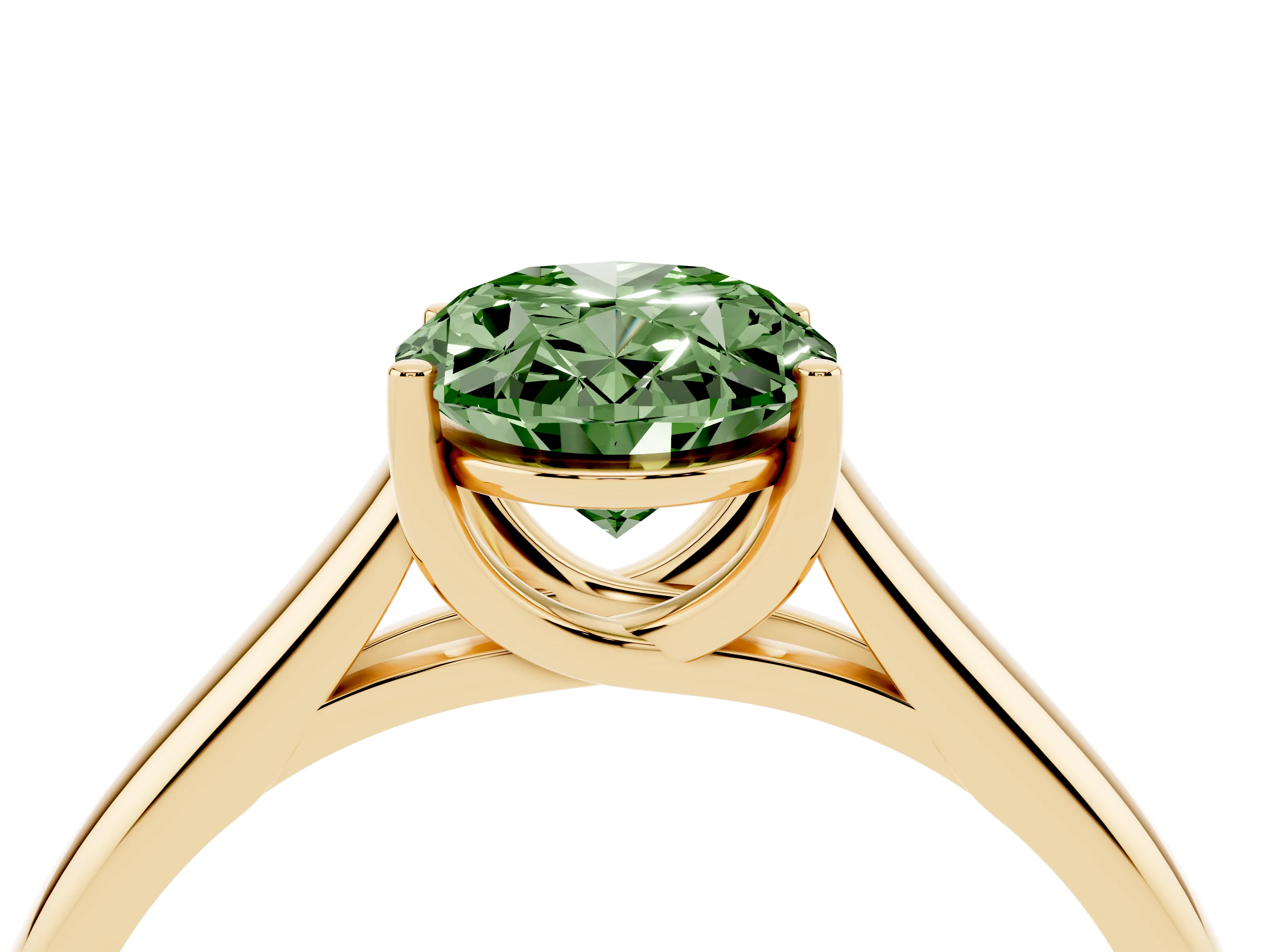 Fancy Green Oval Cut Diamond Solitaire Engagement Ring Set in Yellow gold with Subtly Tapered Band and Prong Setting