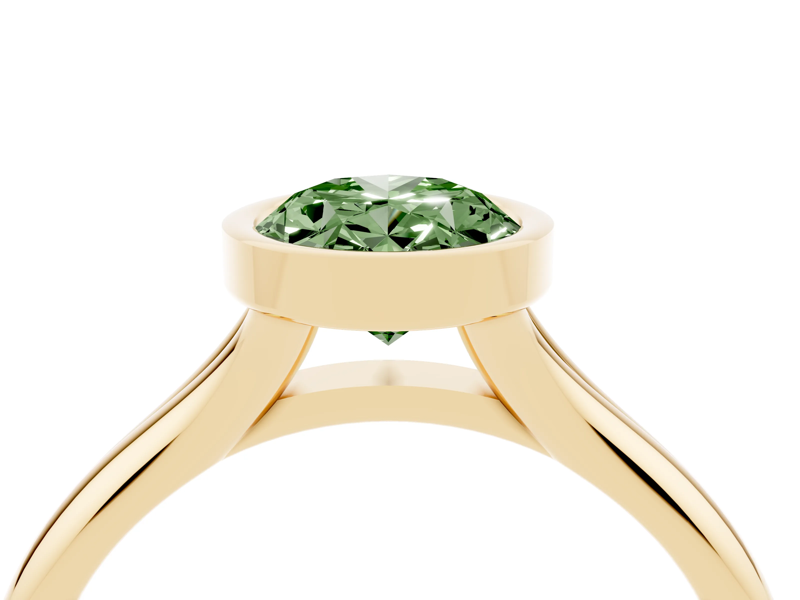 Fancy Green Bezel Set Oval Cut Diamond Solitaire Ring Set in Yellow gold with Smooth Band