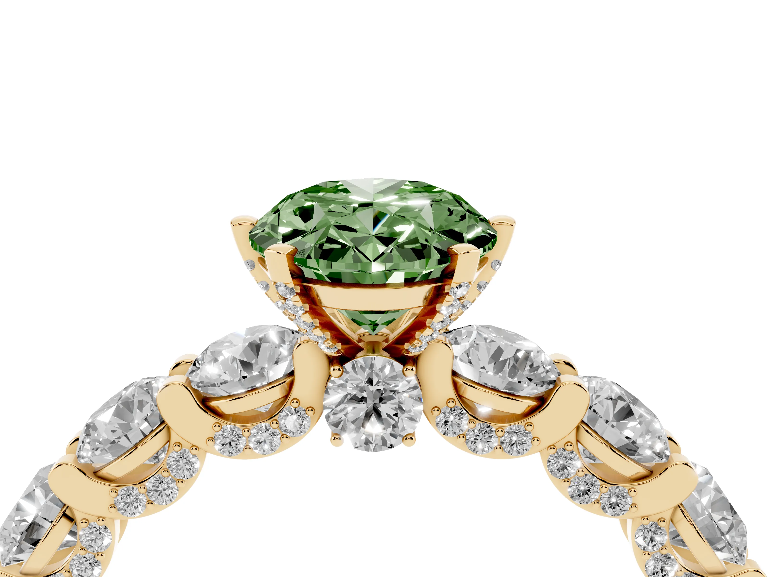 Fancy Green Oval Cut Diamond Side Stone Ring Set in Yellow gold with Alternating Round and Oval Side Stones