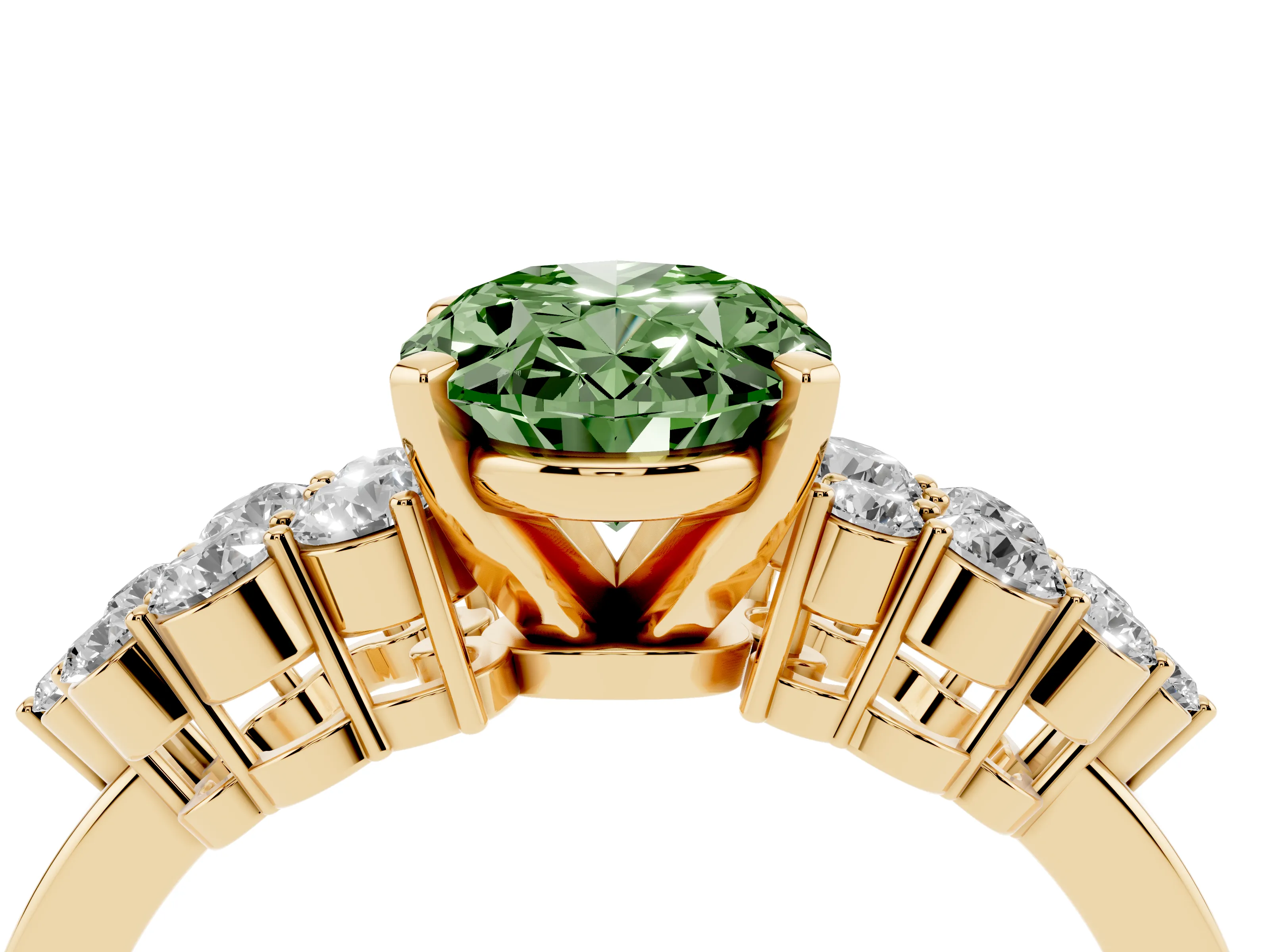 Fancy Green Oval Cut Diamond Cluster Engagement Ring Set in Yellow gold with Pavé Band and Prong Setting