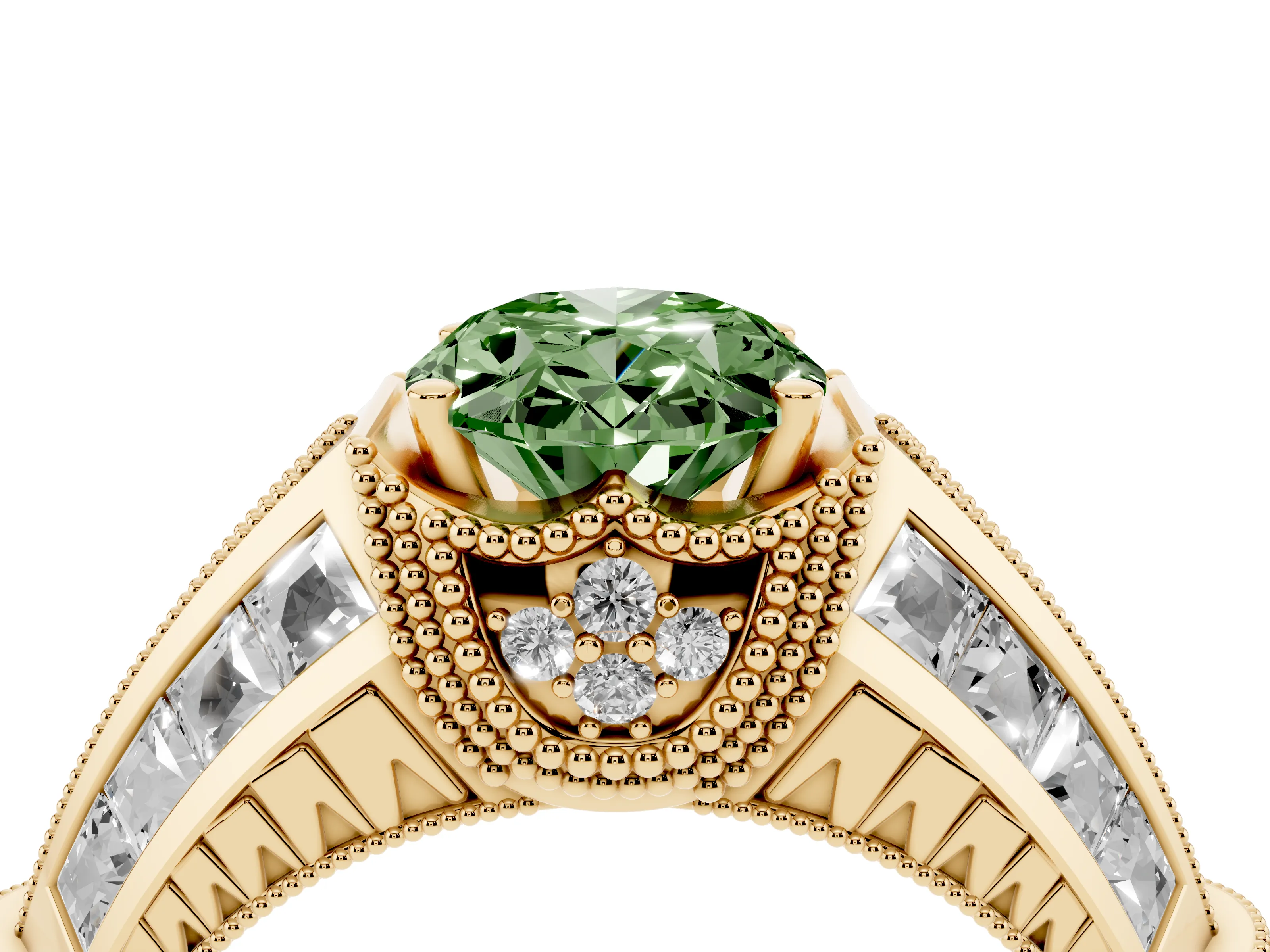 Fancy Green Oval Cut Diamond Vintage-Inspired Milgrain Ring Set in Yellow gold with Accent Split Shank