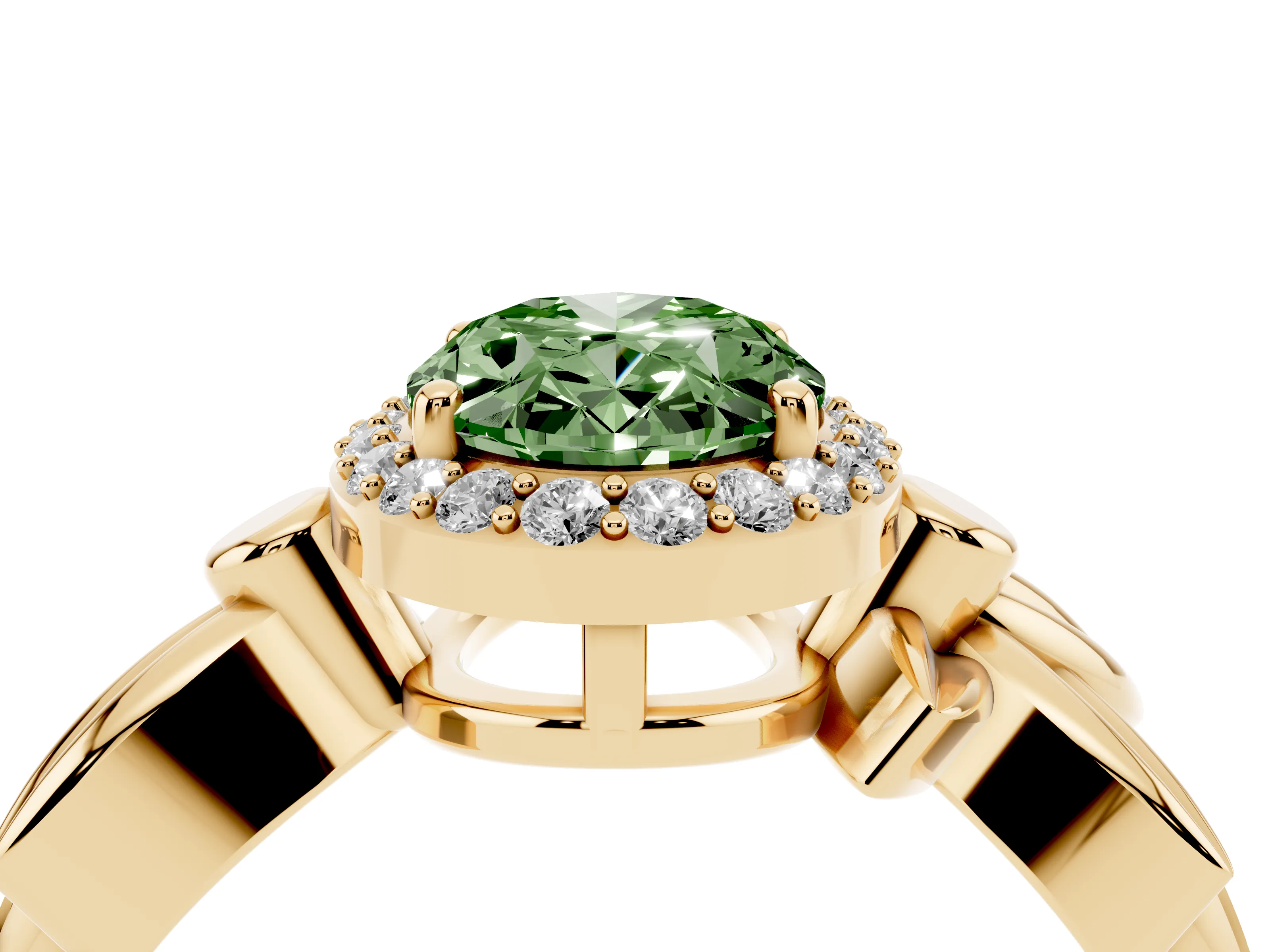 Fancy Green Oval Cut Diamond Halo Floral Band Ring Set in Yellow gold with Prong Setting