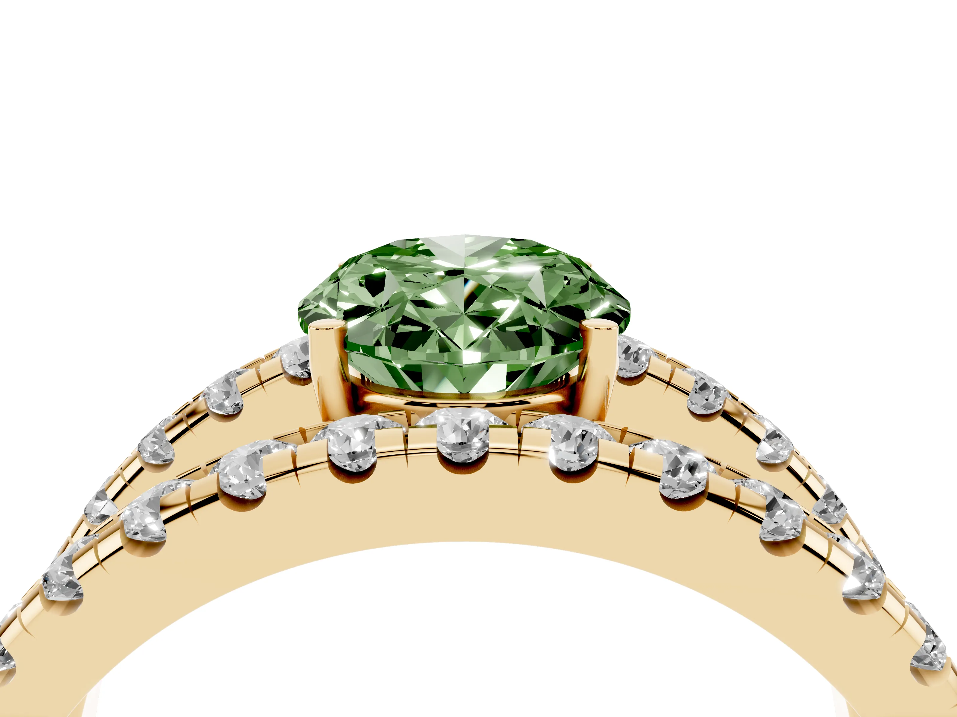 Fancy Green Oval Cut Diamond Split Shank Pavé Solitaire Ring Set in Yellow gold with Open Shank Design