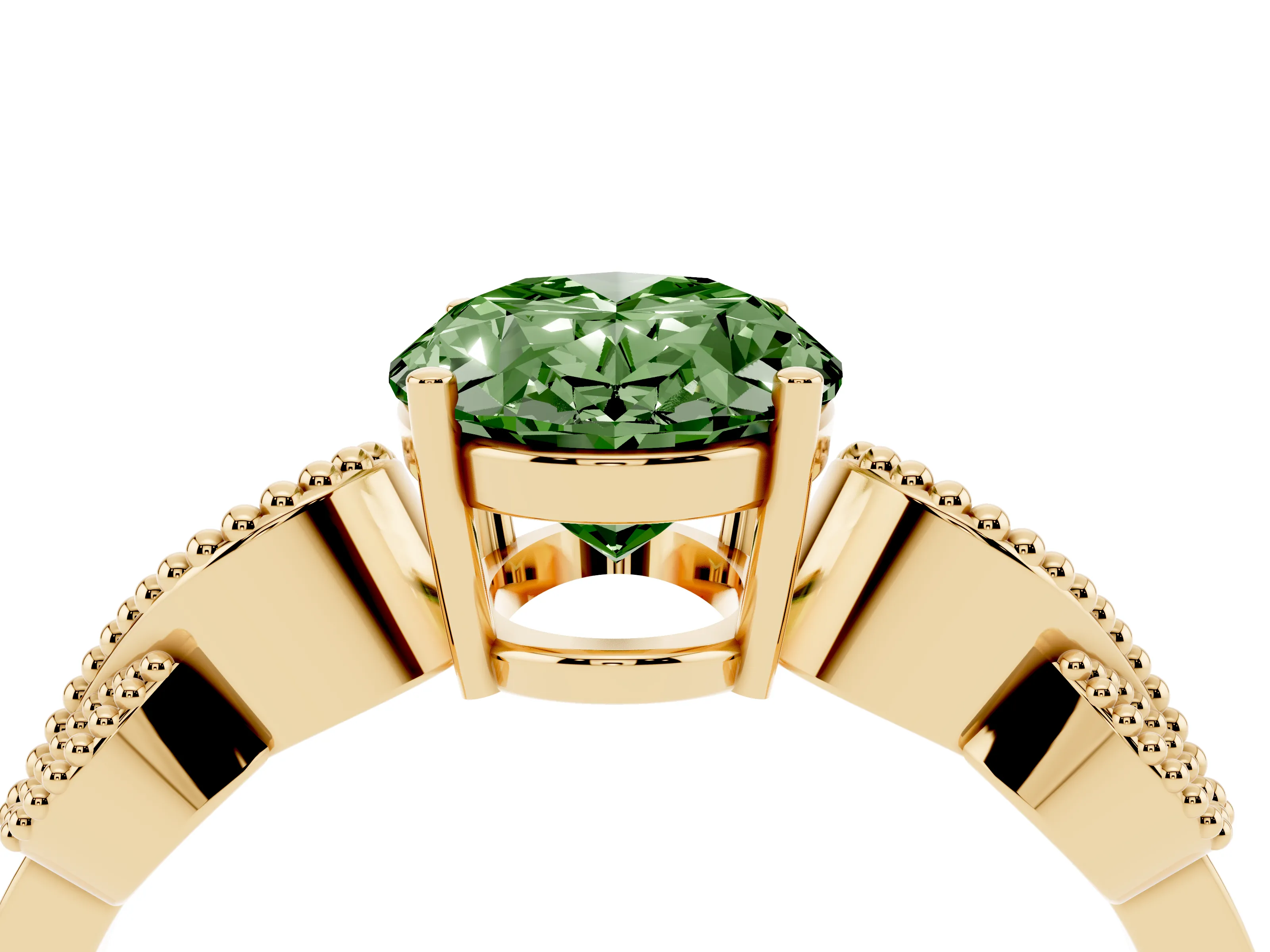 Fancy Green Oval Cut Diamond Milgrain Leaf Band Solitaire Ring Set in Yellow gold with Accent Stones and Prong Setting