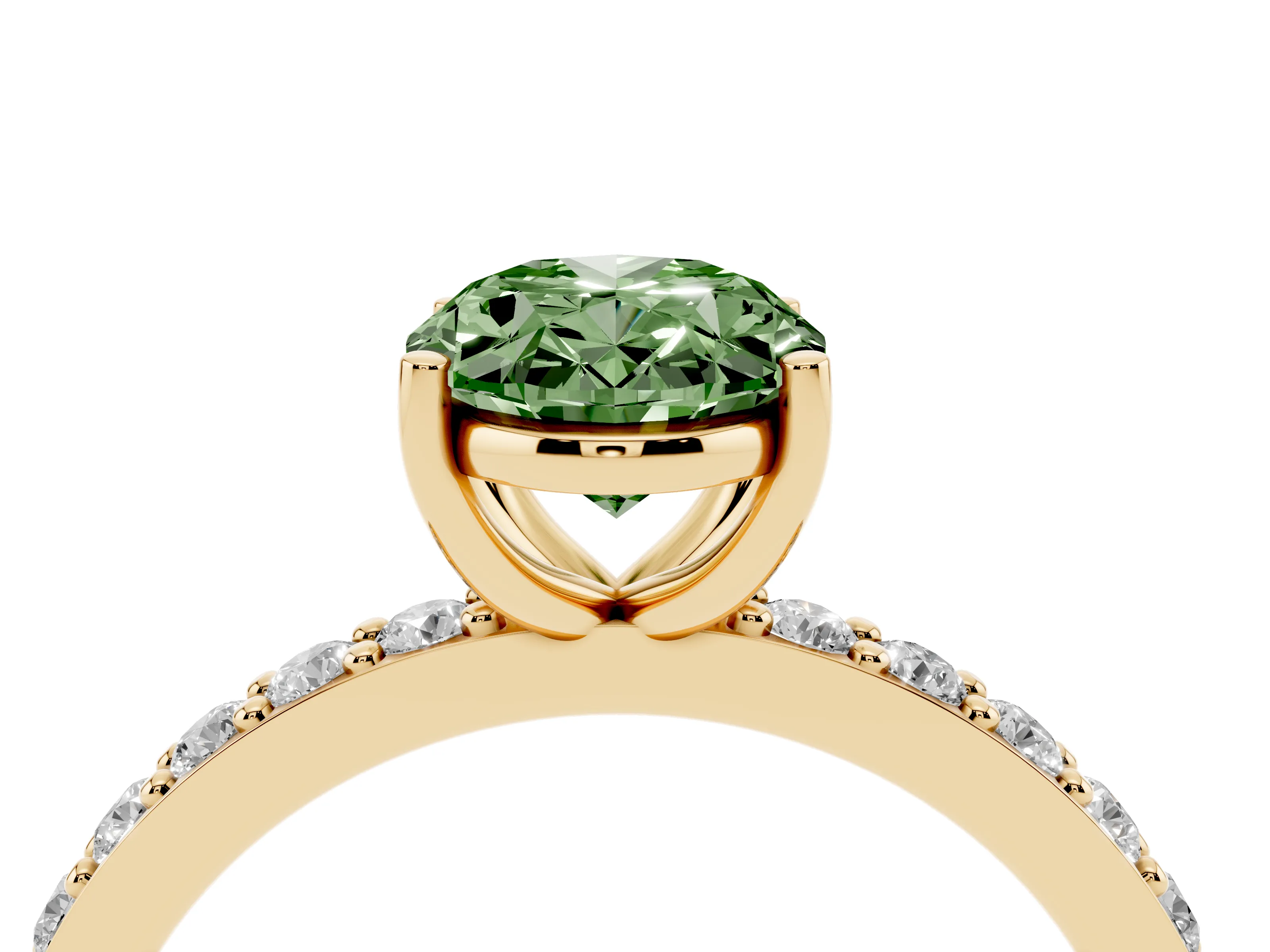 Fancy Green Oval Cut Diamond Solitaire Set in Yellow gold with Round Pavé Band and Prong Setting