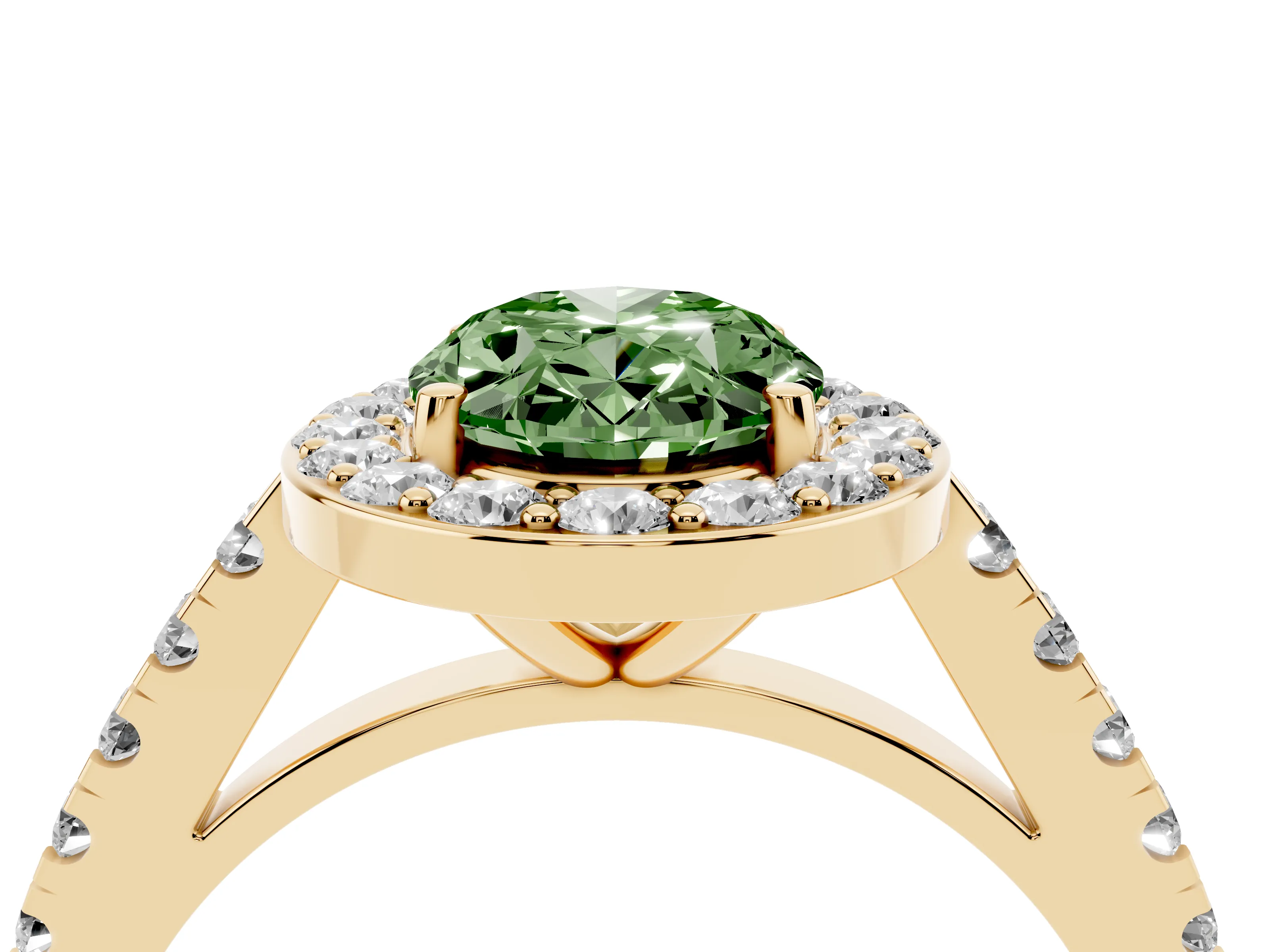 Fancy Green Oval Cut Diamond Halo Ring Set in Yellow gold with Round Pavé Split Shank and Prong Setting