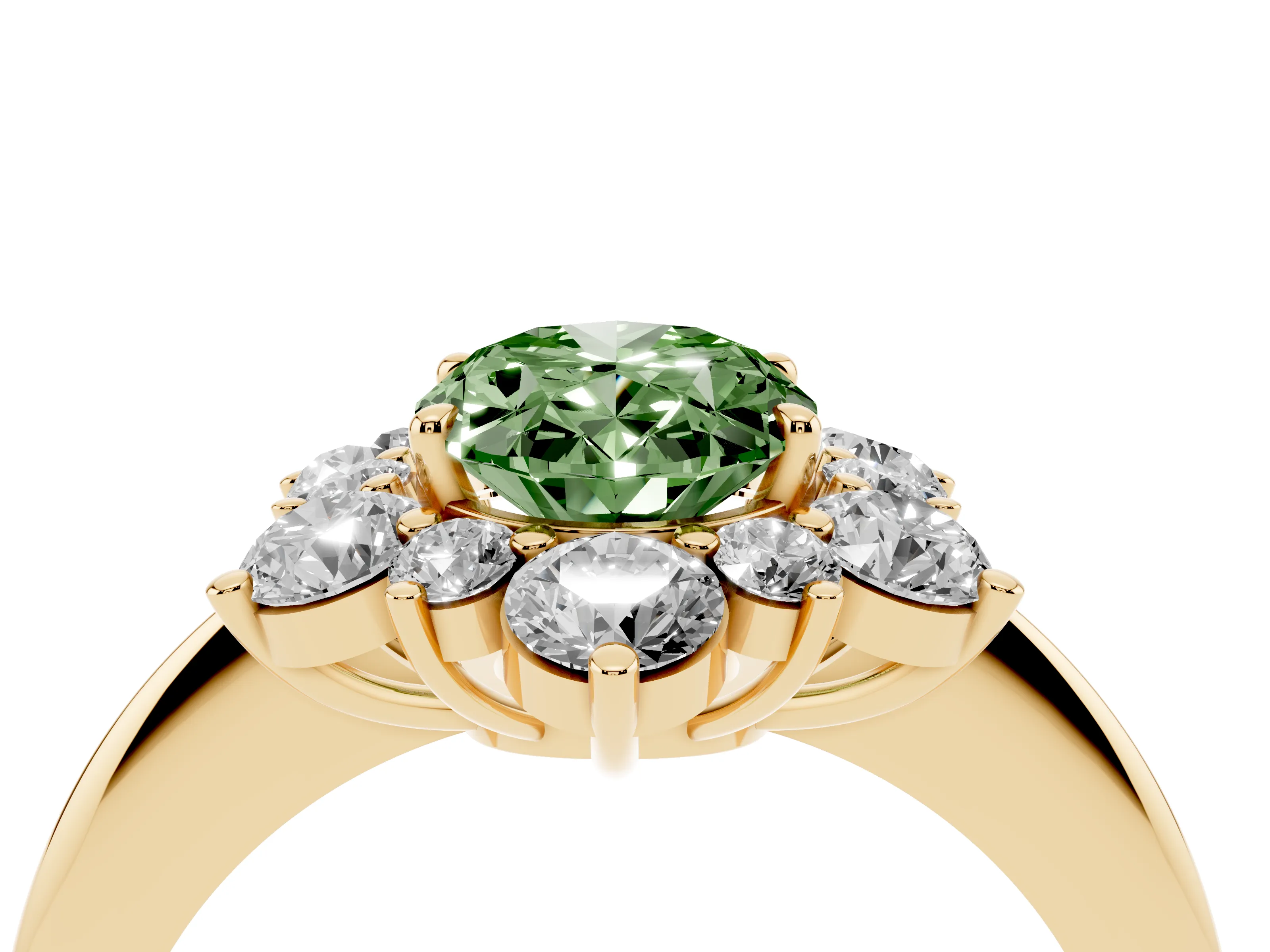 Fancy Green Oval Cut Diamond Cluster Halo Ring Set in Yellow gold with Solitaire Band and Prong Setting