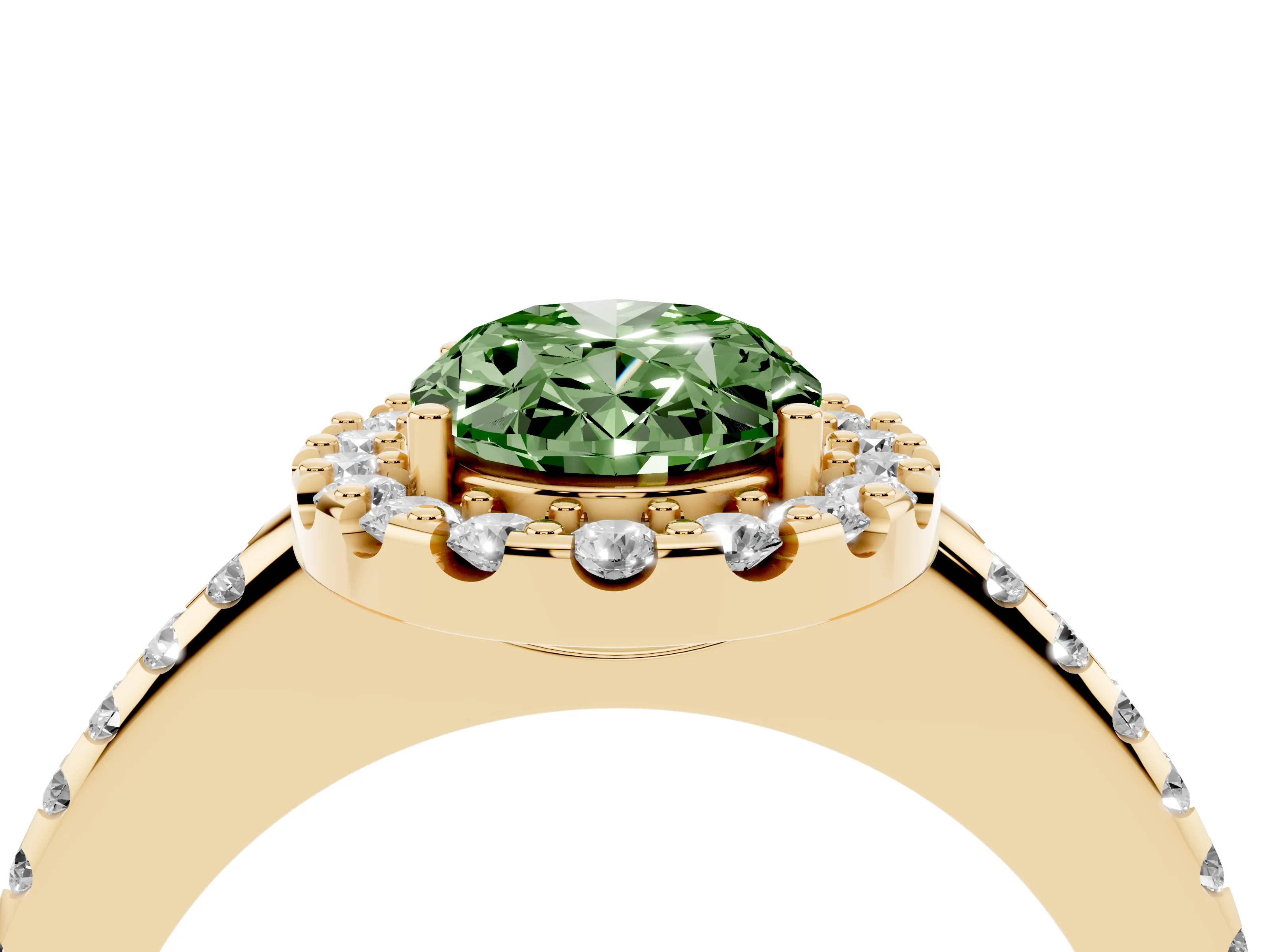 Fancy Green Oval Cut Diamond Pavé Halo Ring Set in Yellow gold with Prong Setting