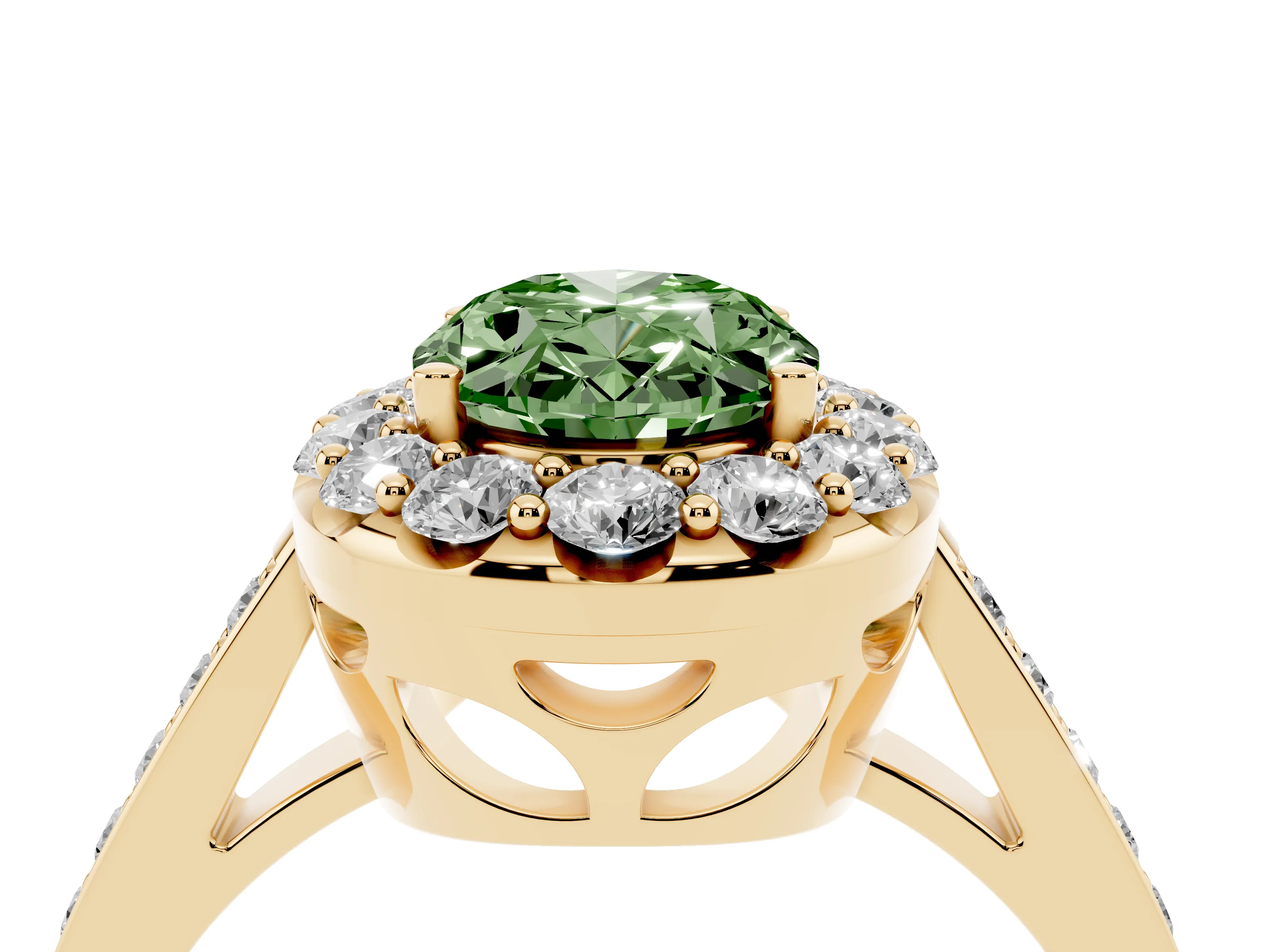 Fancy Green Oval Cut Diamond Floral Halo Ring Set in Yellow gold with Pavé Band and Prong Setting