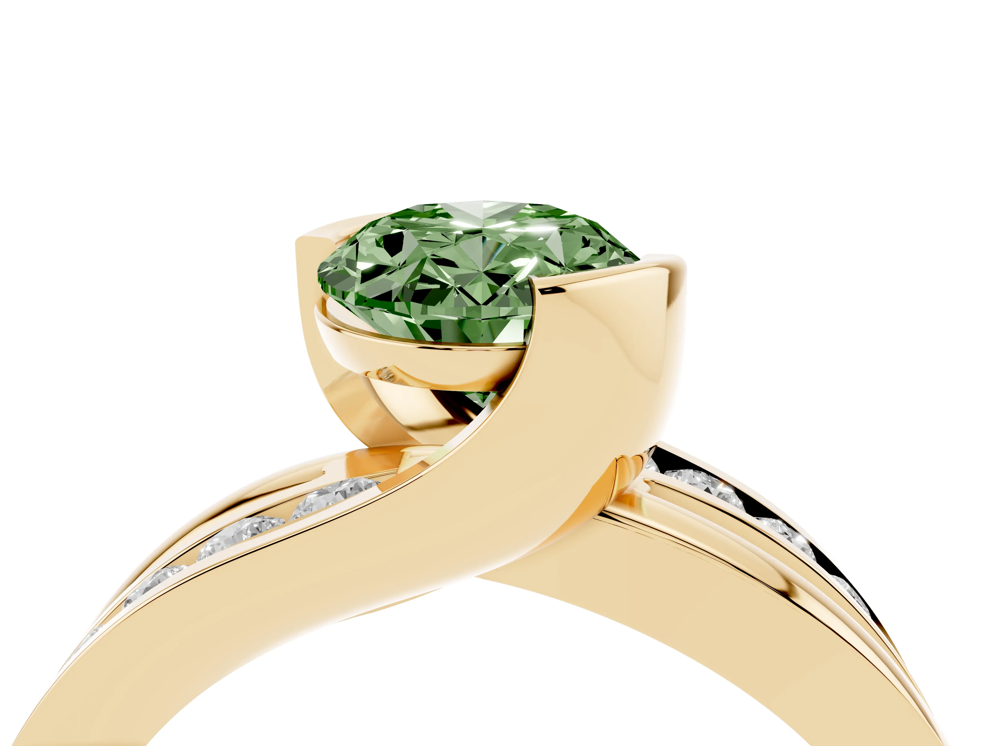 Fancy Green Oval Cut Diamond Solitaire Ring Set in Yellow gold with Channel Set Split Shank and Tension Prongs