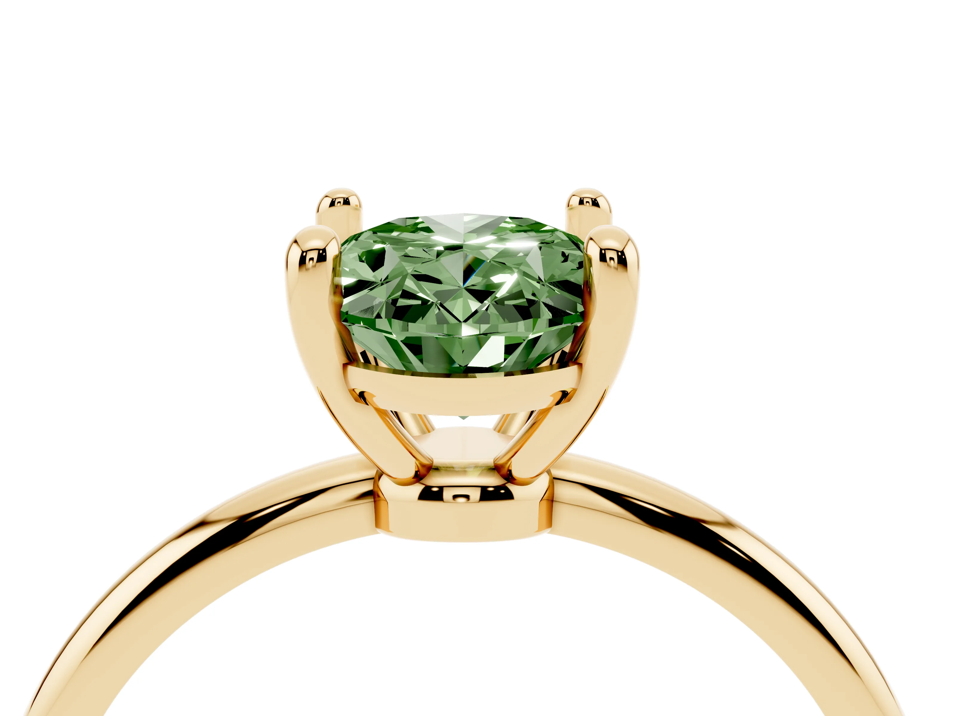 Fancy Green Oval Cut Diamond Solitaire Ring Set in Yellow gold with Secure Prong Setting on a Classic Band