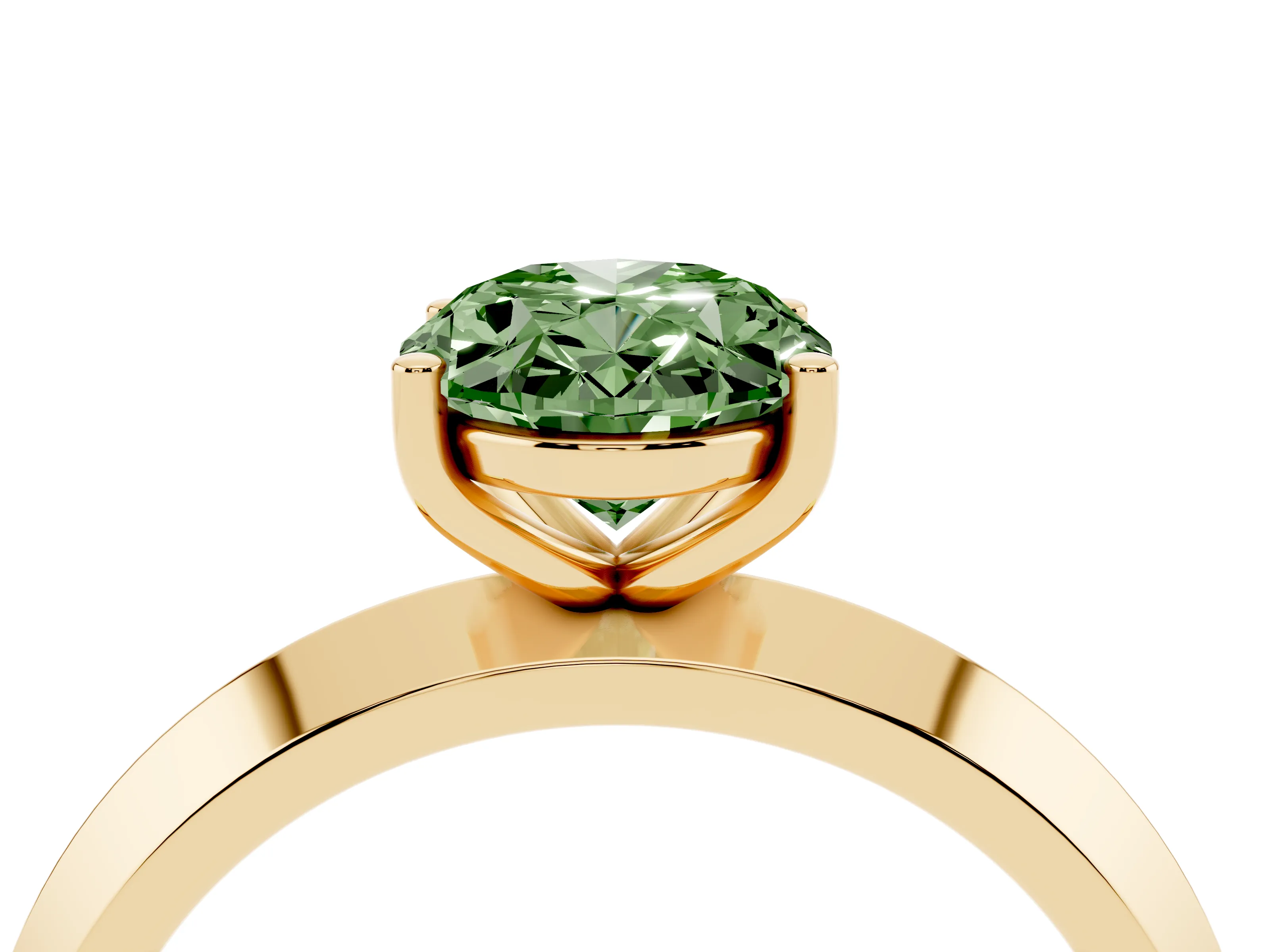Fancy Green Oval Cut Diamond Solitaire Engagement Ring Set in Yellow gold with Flat Band and Prong Setting