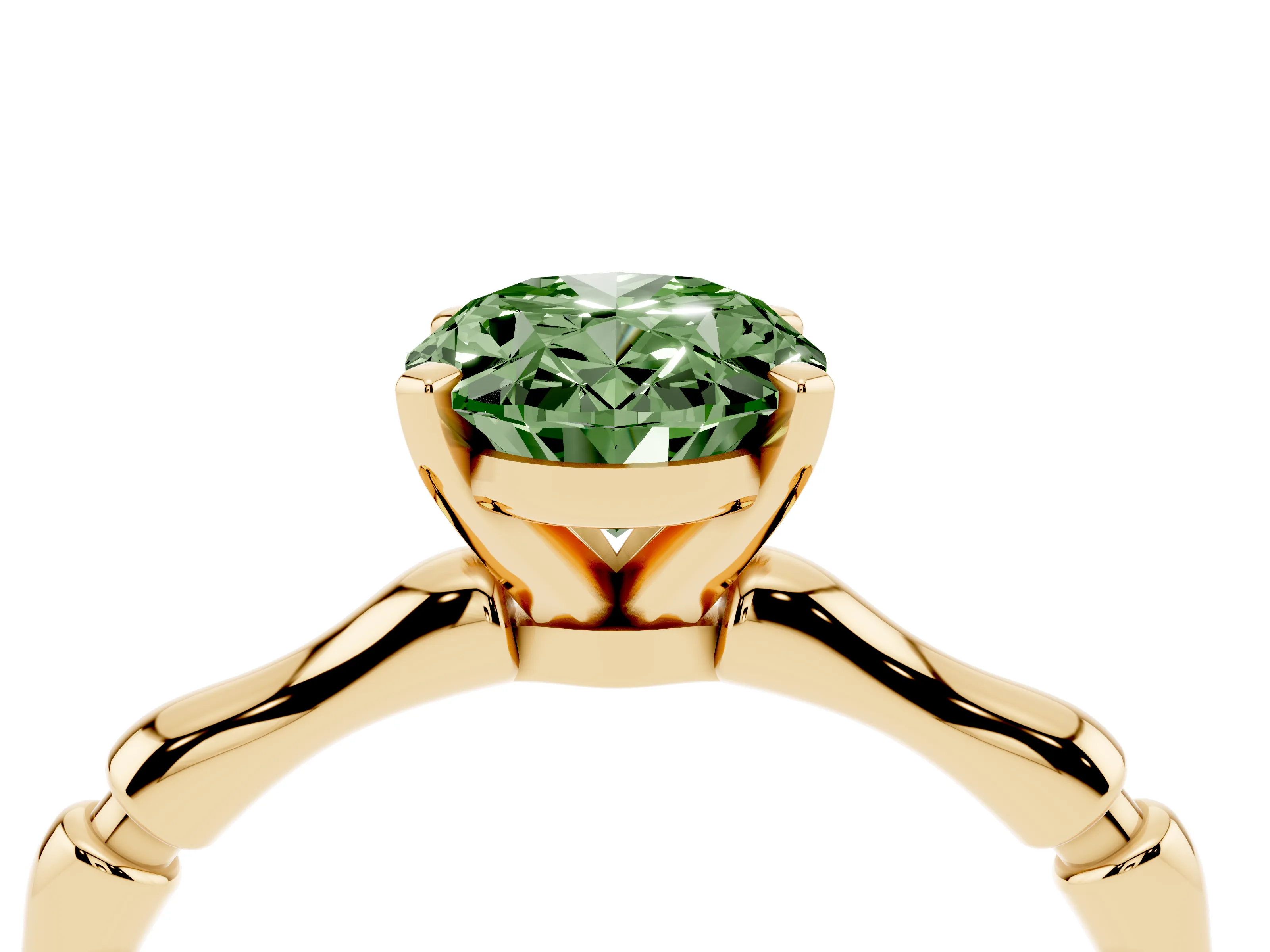 Fancy Green Oval Cut Diamond Solitaire Ring Set in Yellow gold with Bamboo Band and Prong Setting