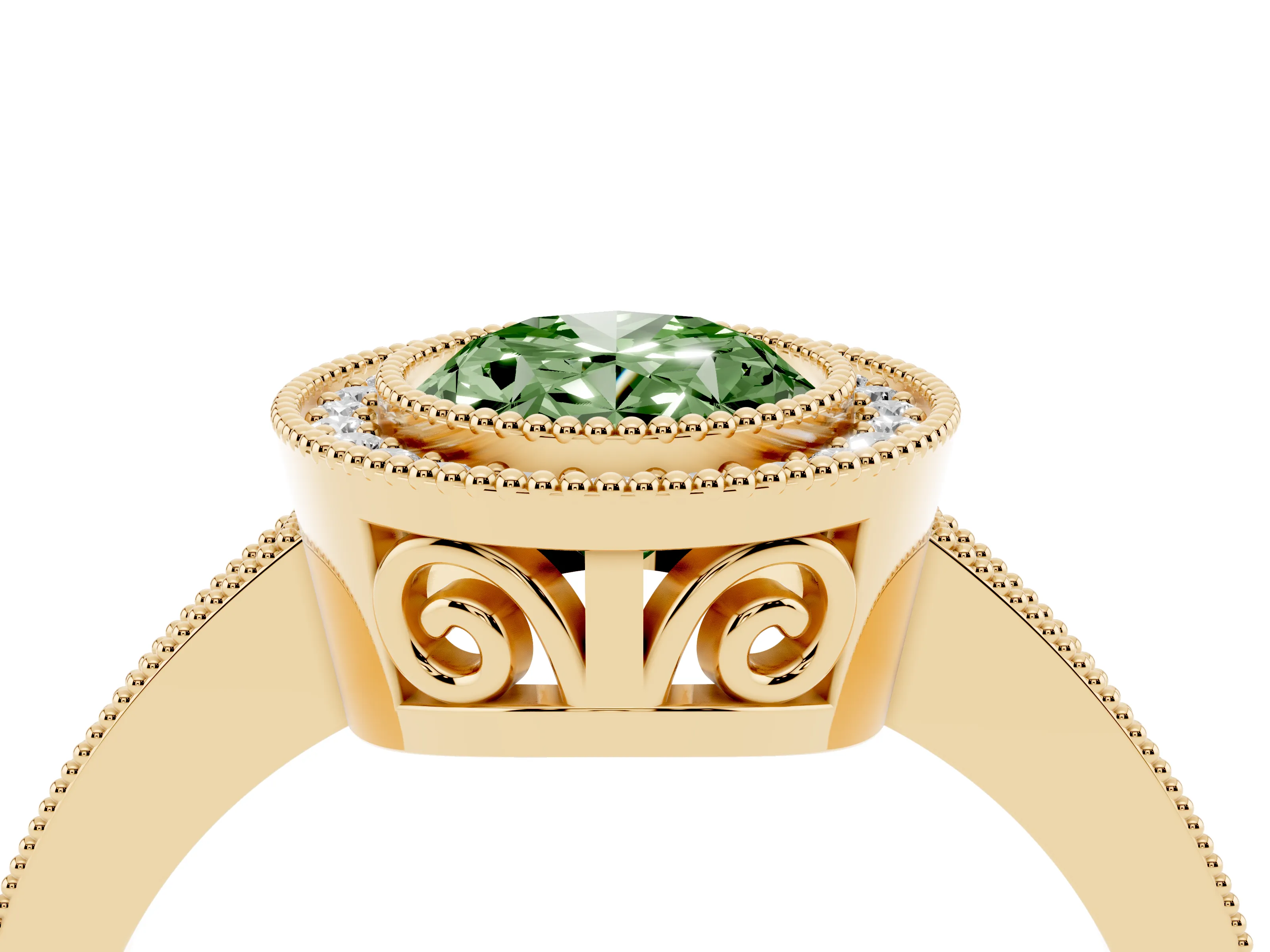 Fancy Green Oval Cut Diamond Round Halo Ring Set in Yellow gold with Pavé Band