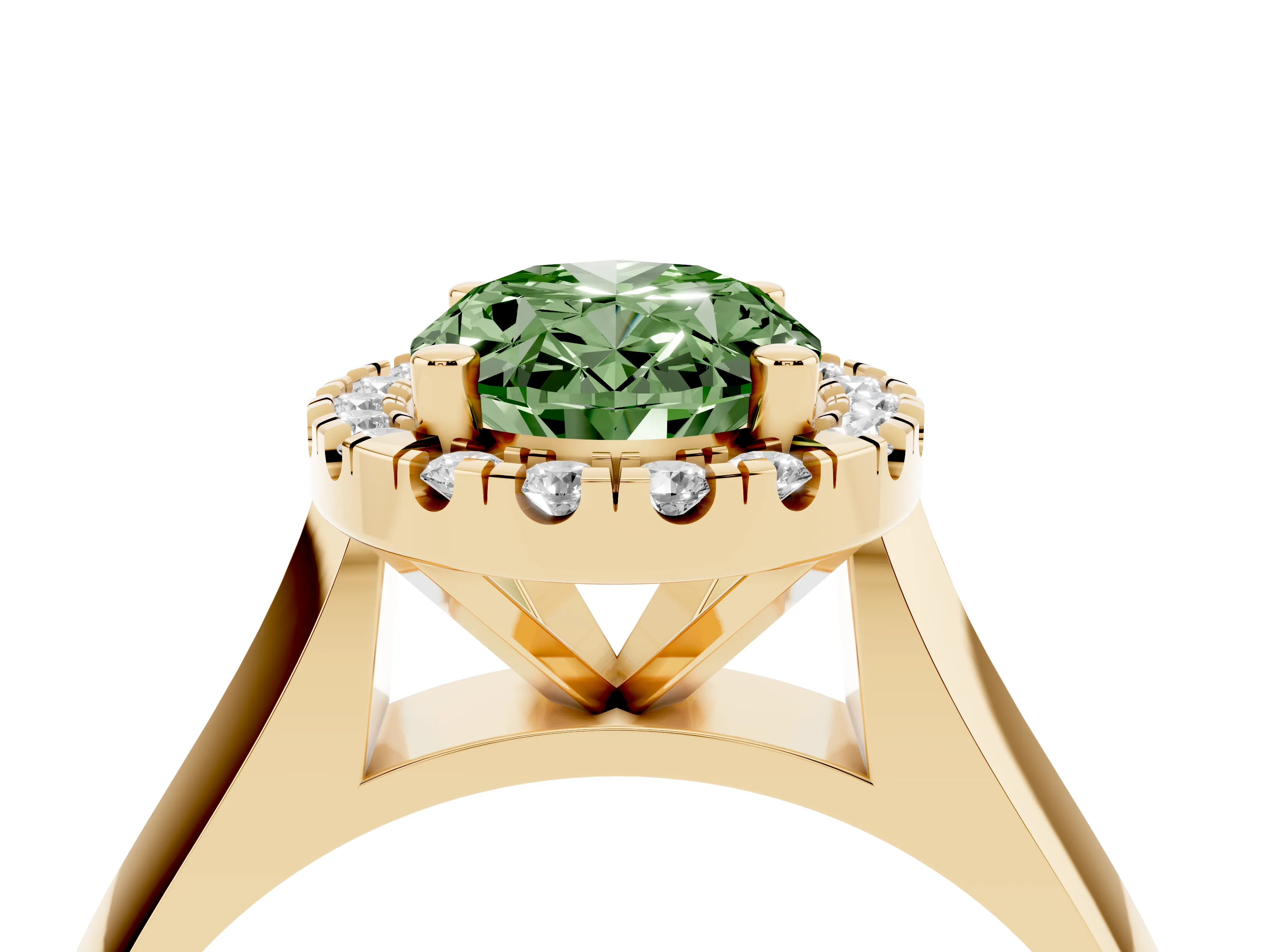 Fancy Green Oval Cut Diamond Halo Solitaire Engagement Ring Set in Yellow gold with Square Band and Prong Setting