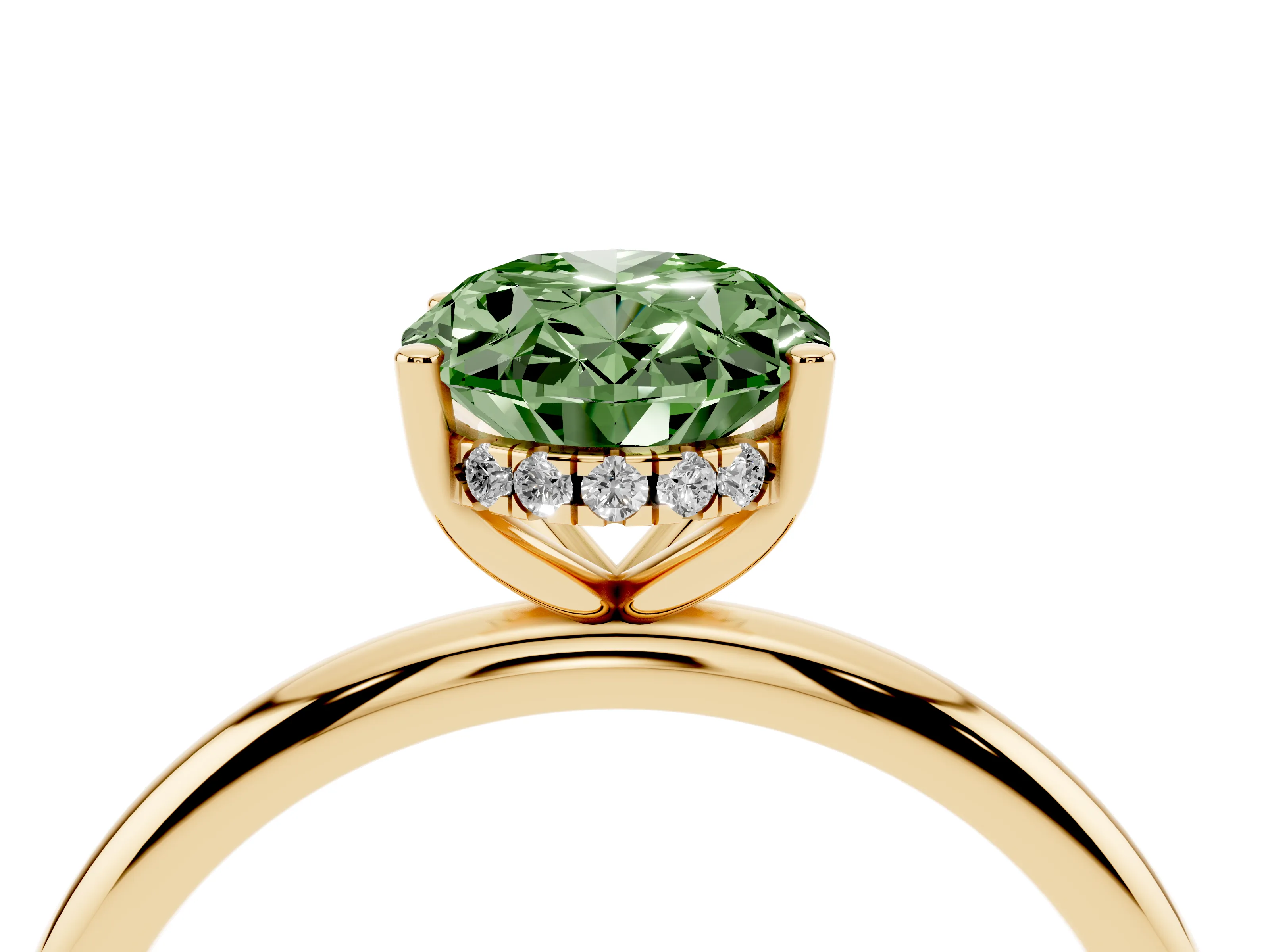 Fancy Green Oval Cut Diamond Solitaire Engagement Ring Set in Yellow gold with Prong Setting and Polished Band