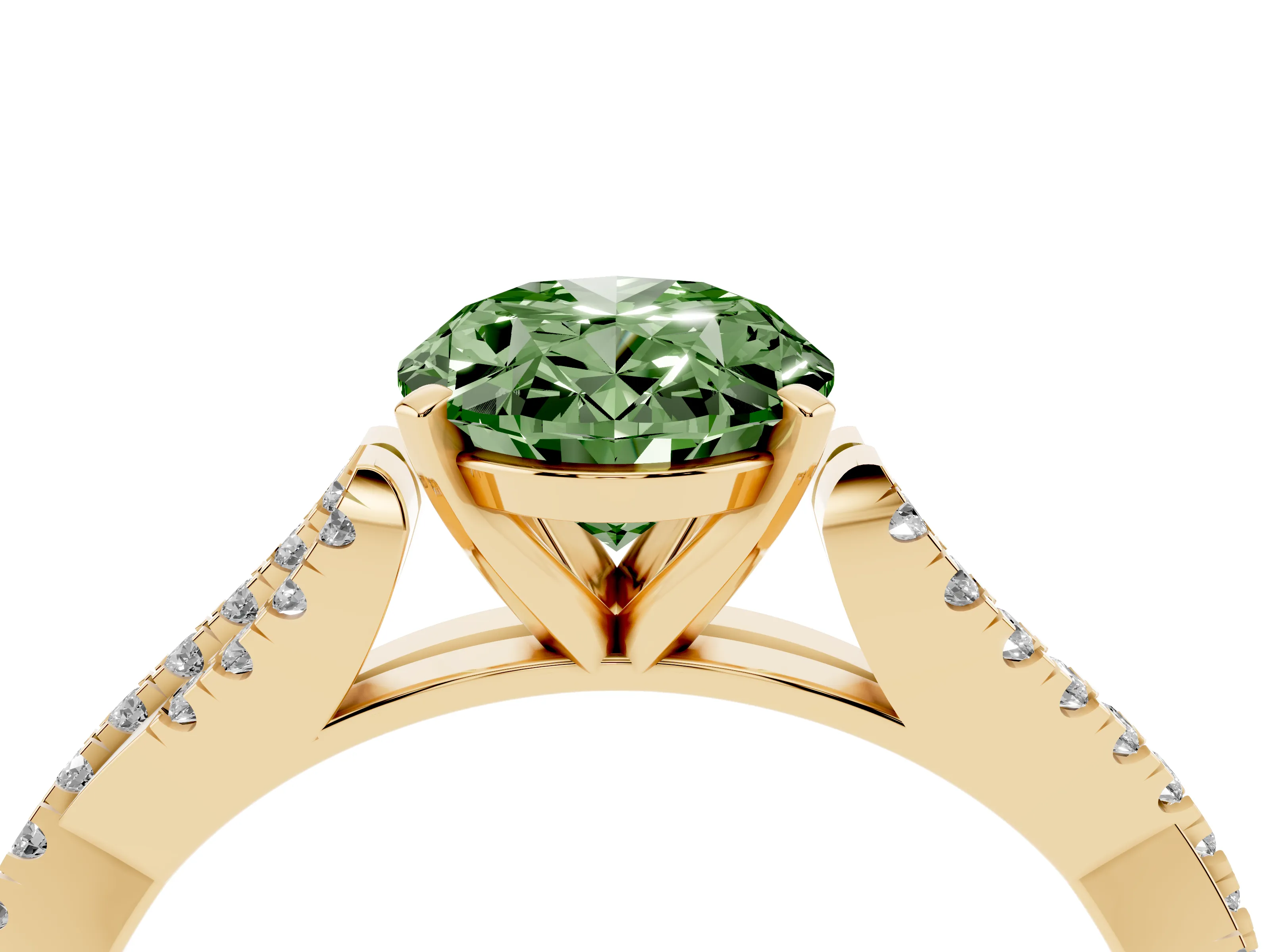 Fancy Green Oval Cut Diamond Solitaire Engagement Ring Set in Yellow gold with Twisted Pavé Band and Prong Setting