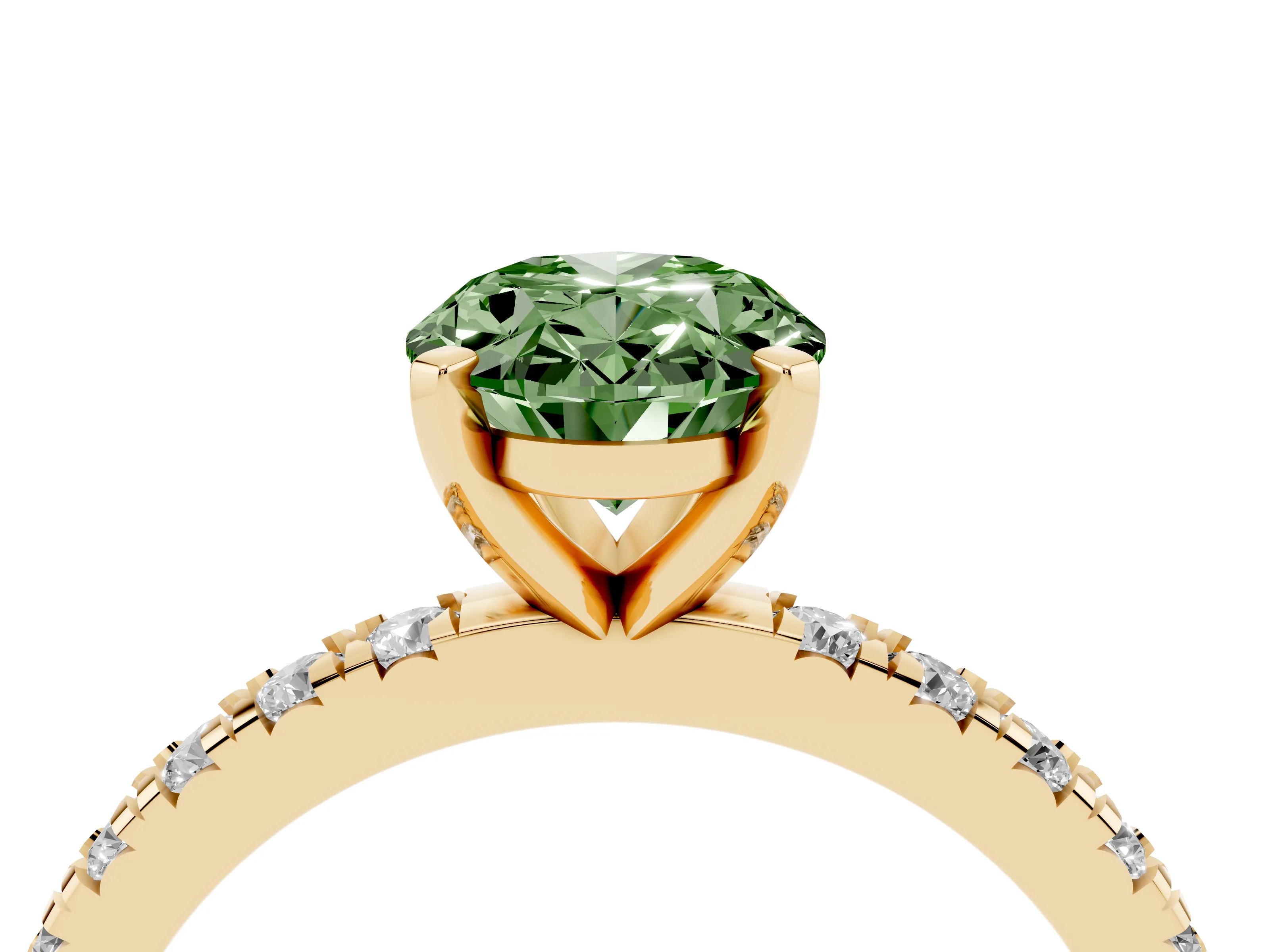 Fancy Green Oval Cut Diamond Pavé Band Solitaire Set in Yellow gold with Prong Setting