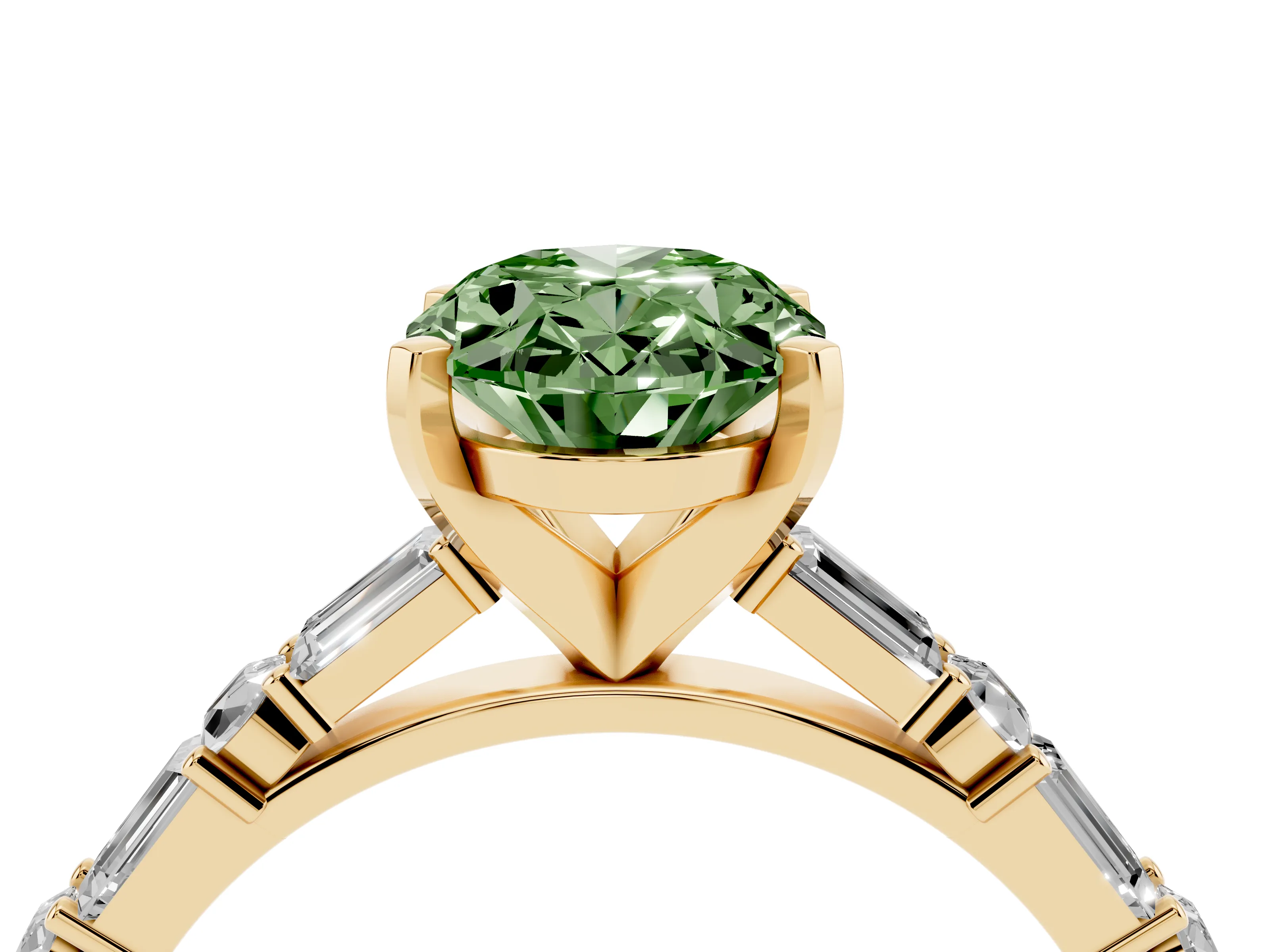 Fancy Green Oval Cut Diamond Solitaire Set in Yellow gold with Side Baguettes and Channel Set Band