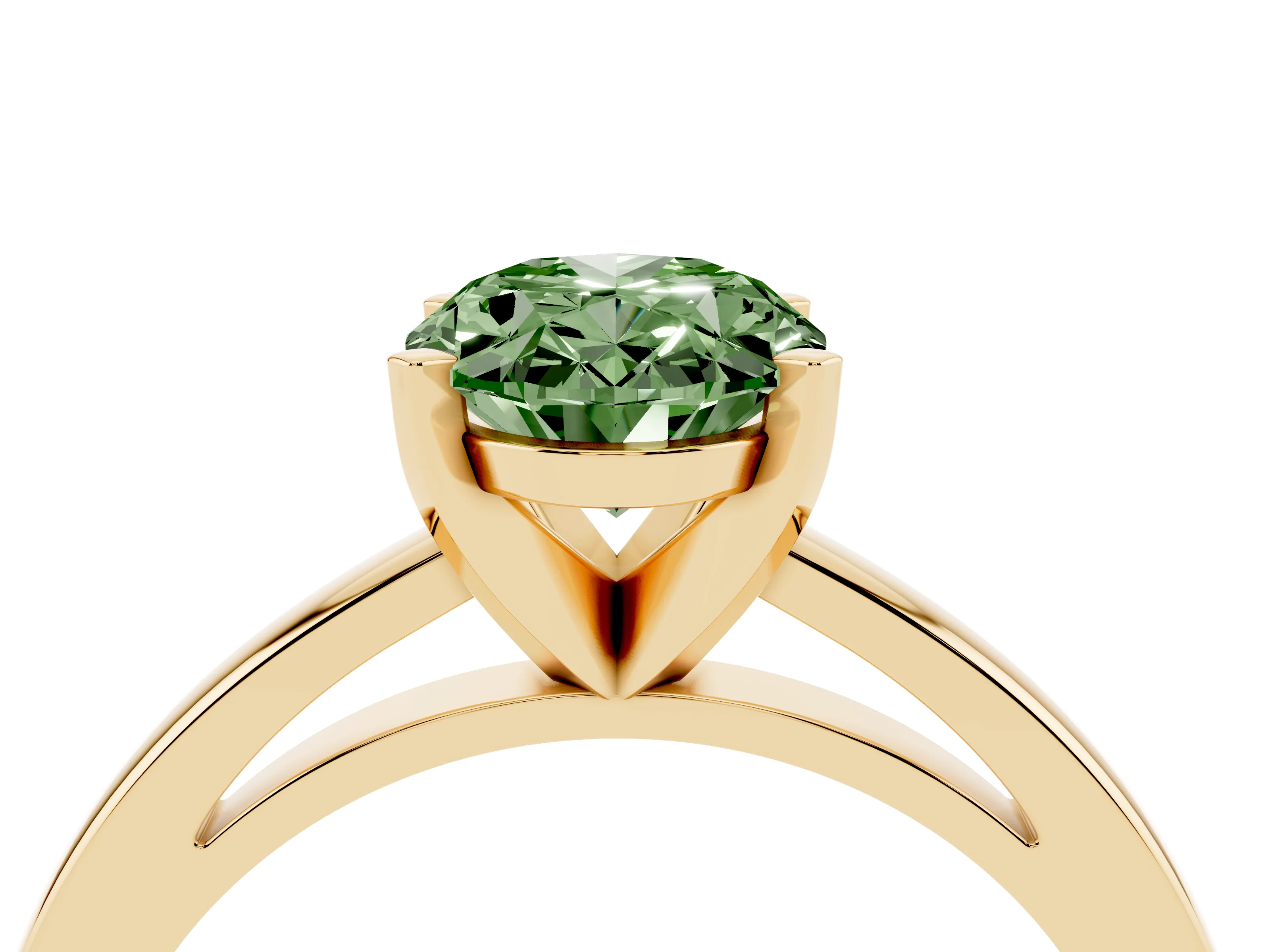 Fancy Green Oval Cut Diamond Solitaire Engagement Ring Set in Yellow gold with Prong Setting on a Classic Band